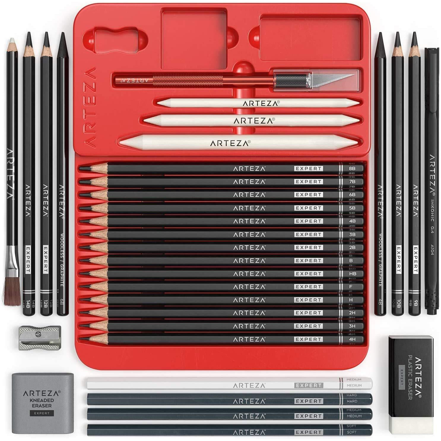 Arteza Drawing Set For Adults, Set Of 33 Artist Sketching Tools, Includes 20 Graphite & 4 Charcoal Pencils, 1 Fineliner, 3 Blenders, 1 Sharpener, 3 Erasers & 1 Hobby Knife, For Beginners & Experts