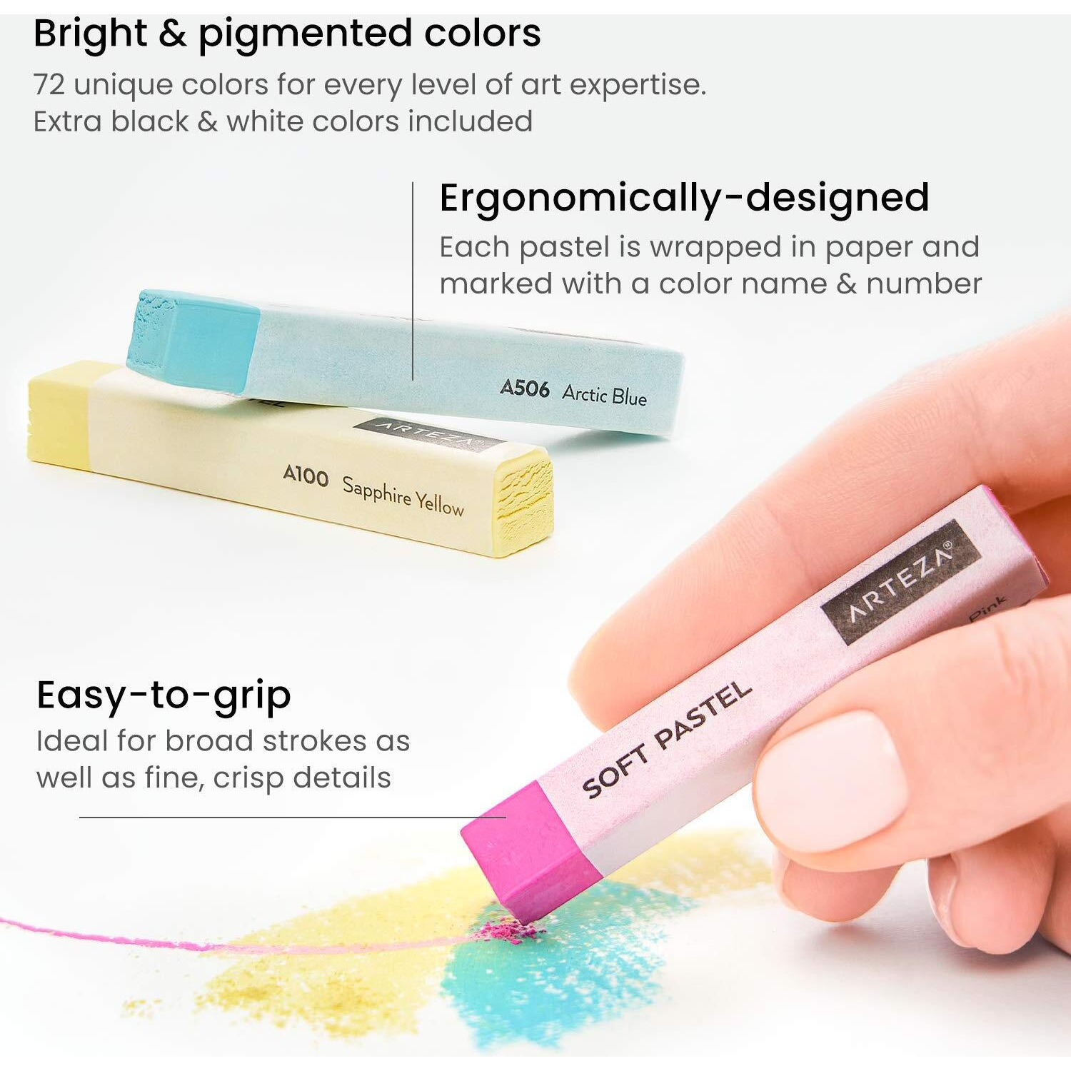 Arteza Soft Pastels, Set Of 72 Artist-Grade Soft Pastel Sticks For Arts & Crafts Projects, Drawing, Blending, Layering, Shading, Art Supplies For All Ages And Artistic Experience Levels