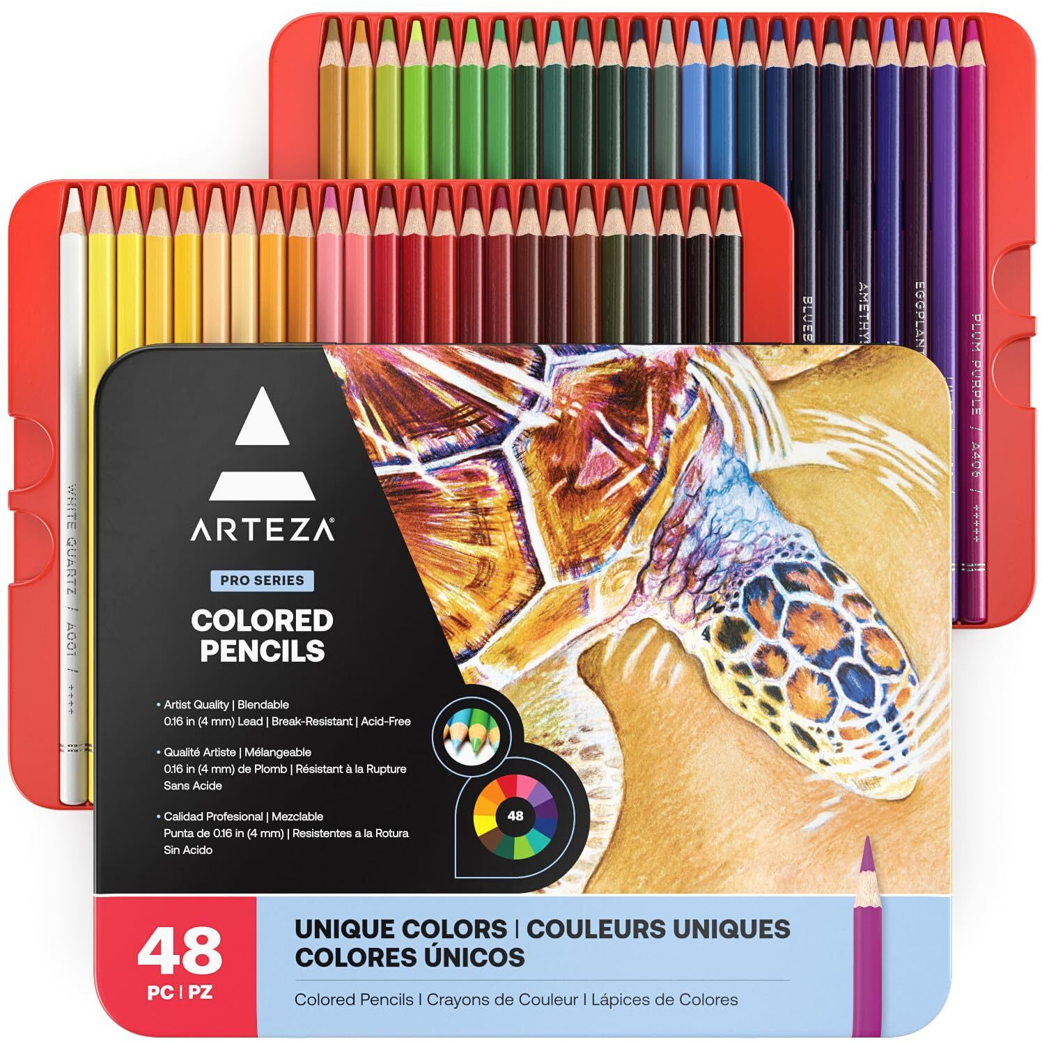 Arteza Professional Colored Pencils Set Of 48 Colors, Soft Wax-Based Cores, Ideal For Drawing Art, Sketching, Shading & Coloring, Vibrant Artist Pencils In Tin Box