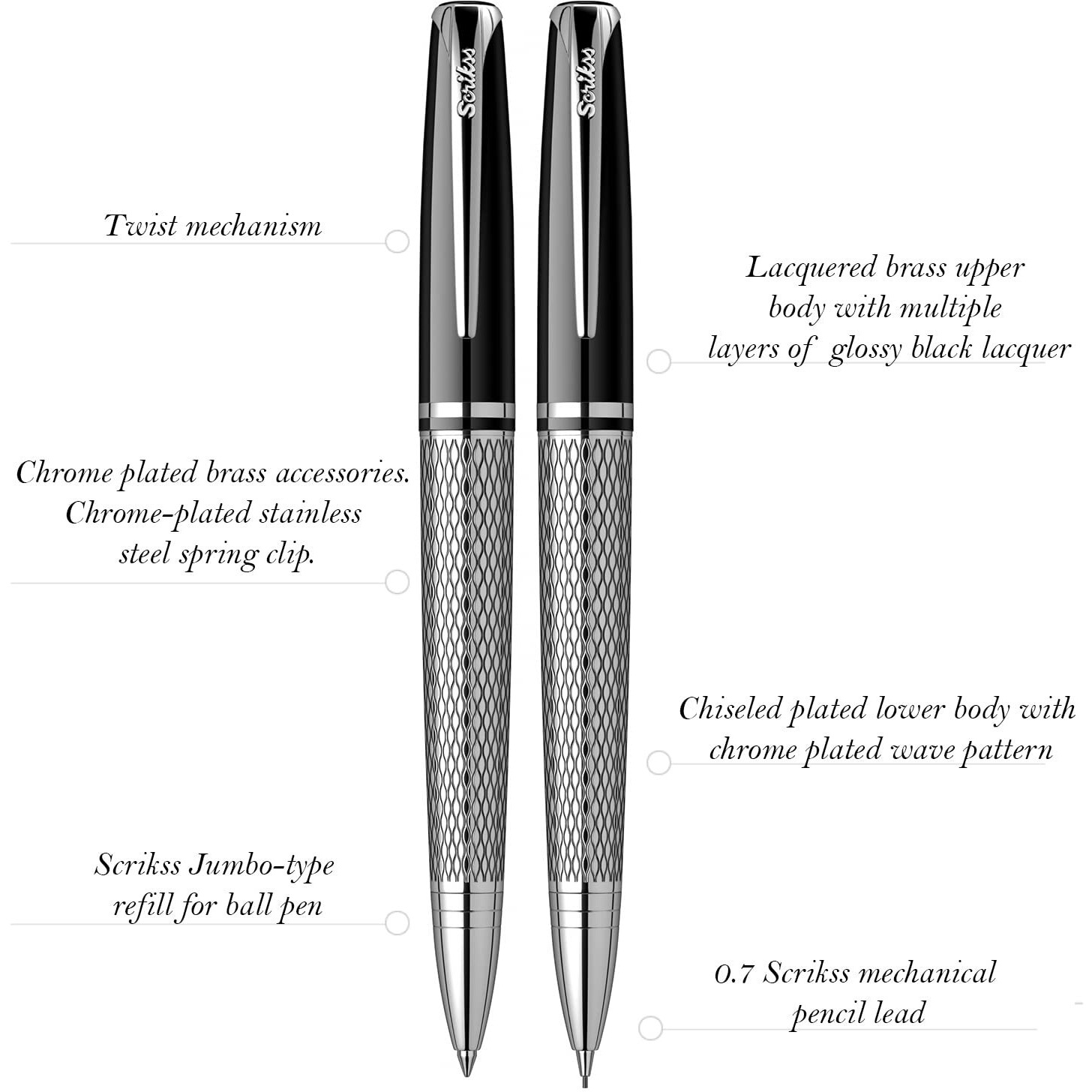 Scrikss Pera 477 Ball Pen 0.7Mm Mechanical Pencil, Chrome Plated Brass Body With Wave Pattern, Ideal For Writing, Professionals Pen Collectors