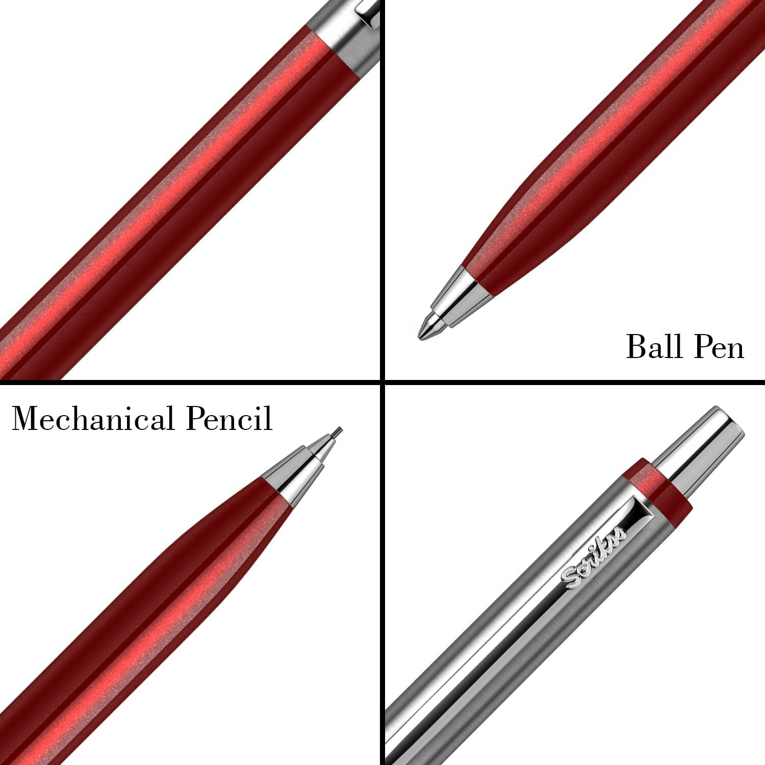 Scrikss Vintage 51 Ball Point Pen & 0.7Mm Mechanical Pencil Glossy Burgundy Lacquered Metal Lower Body Stainless Steel Upper Body Chrome Plated Brass Accessories