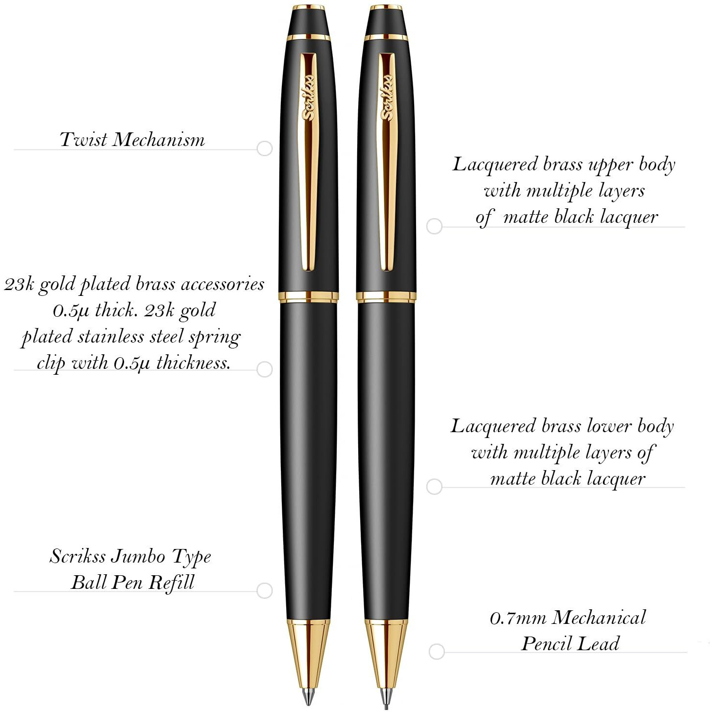 Scrikss Noble Ball Point Pen & 0.7Mm Mechanical Pencil | Matte Black Lacquered Brass Body | 23K Gold Plated Brass Accessories