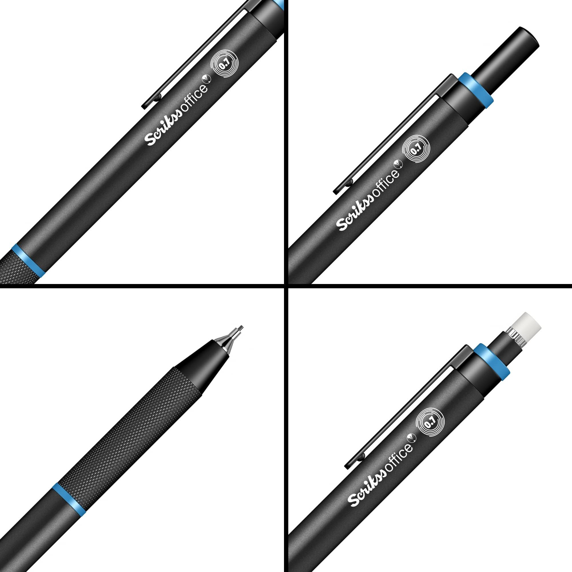 Scrikss 0.7Mm Mechanical Clutch Lead Pen Pencil Black Aluminium Body Click Mechanism Twist Series Blue Accent Eraser Included