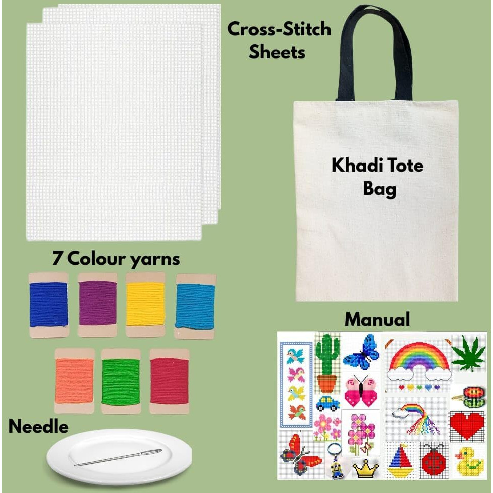 The Brown Box Kids Cross Stitch Embroidery Kit  Beginner Needlecraft Set With Plastic Canvas, Rainbow Wool Yarn, Large-Eye Steel Needles, And Diy Canvas Bag For Creative Art And Craft Projects