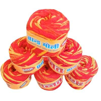 Hookcart Red Yellow Mouli Thread For Pooja Cotton Yarn | Kalawa Cotton Blend | 5 Meter Each | Pack Of 6