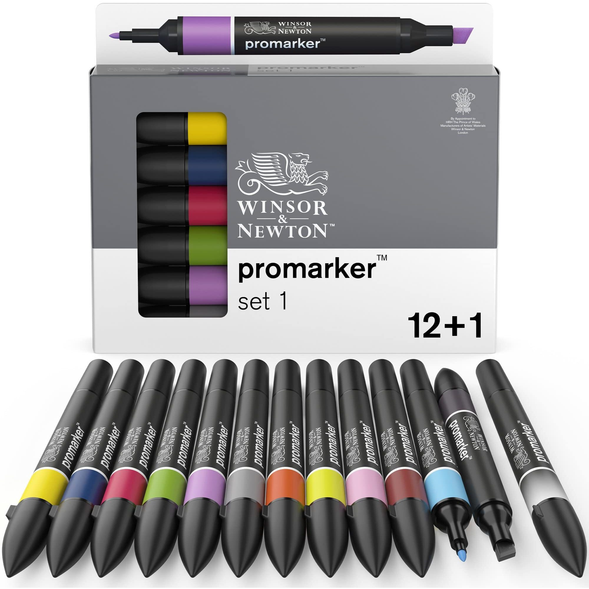 Winsor & Newton Promarker 12+1 Set 1, Alcohol Based Markers, Double Tipped Drawing Marker Set For Artists, Graphic Designers, Illustrators - Chisel & Fine Twin Tip, Streak Free Coverage