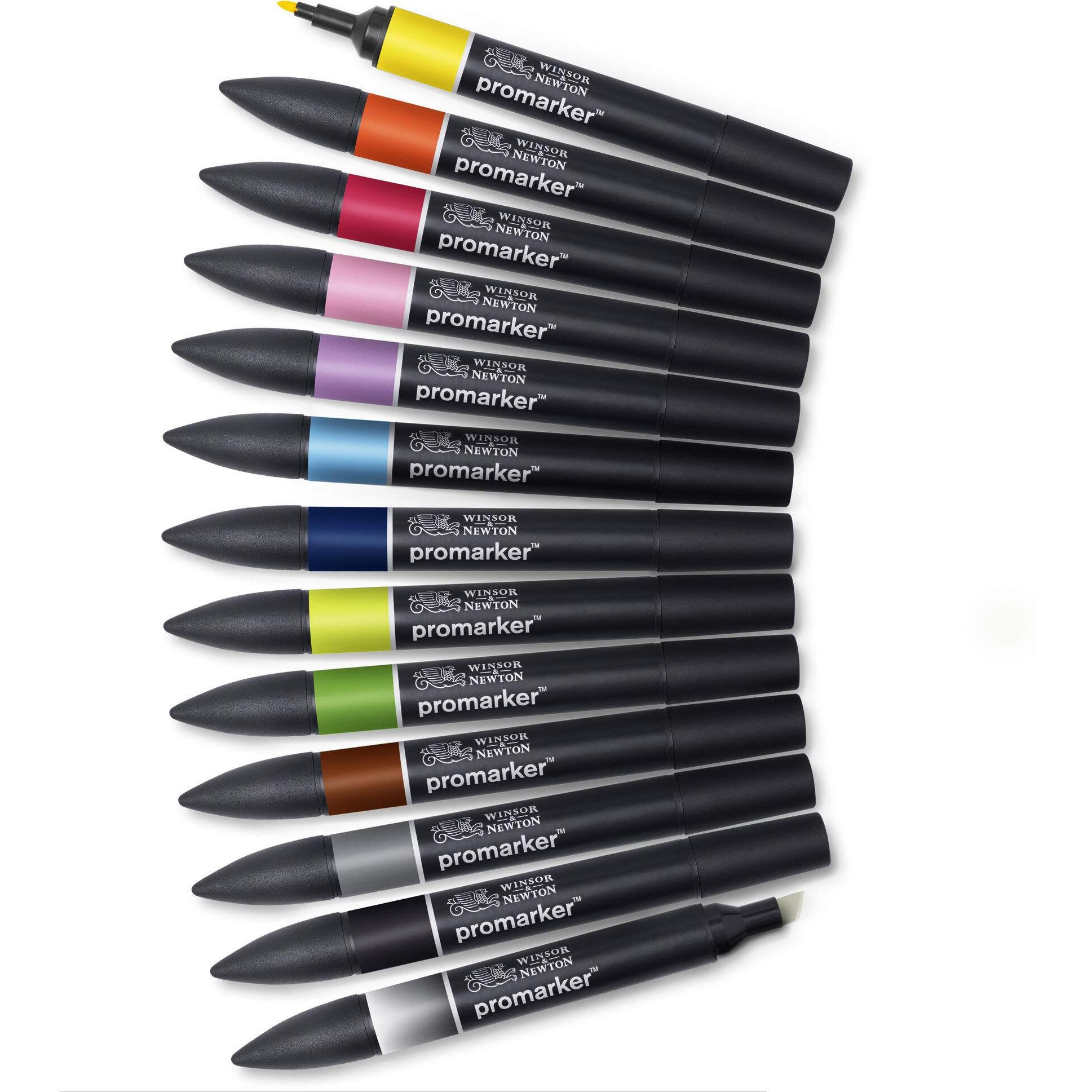 Winsor & Newton Promarker 12+1 Set 1, Alcohol Based Markers, Double Tipped Drawing Marker Set For Artists, Graphic Designers, Illustrators - Chisel & Fine Twin Tip, Streak Free Coverage