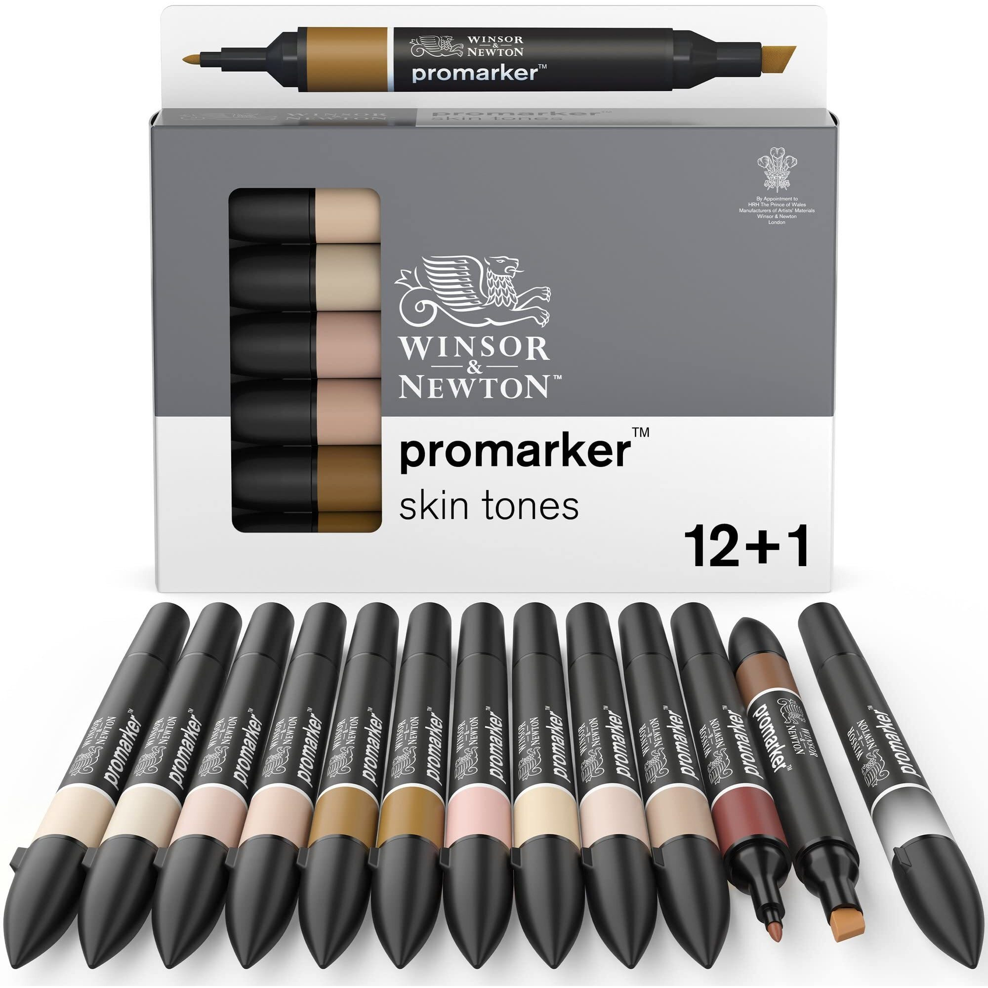 Winsor & Newton Promarker 12+1 Skintones, Alcohol Based Markers, Double Tipped Drawing Marker Set For Artists, Graphic Designers, Illustrators - Chisel & Fine Twin Tip, Streak Free Coverage
