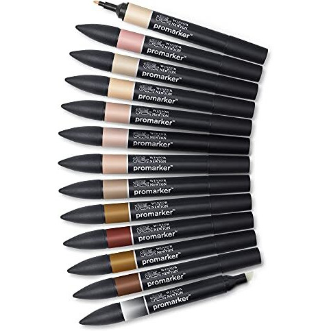 Winsor & Newton Promarker 12+1 Skintones, Alcohol Based Markers, Double Tipped Drawing Marker Set For Artists, Graphic Designers, Illustrators - Chisel & Fine Twin Tip, Streak Free Coverage