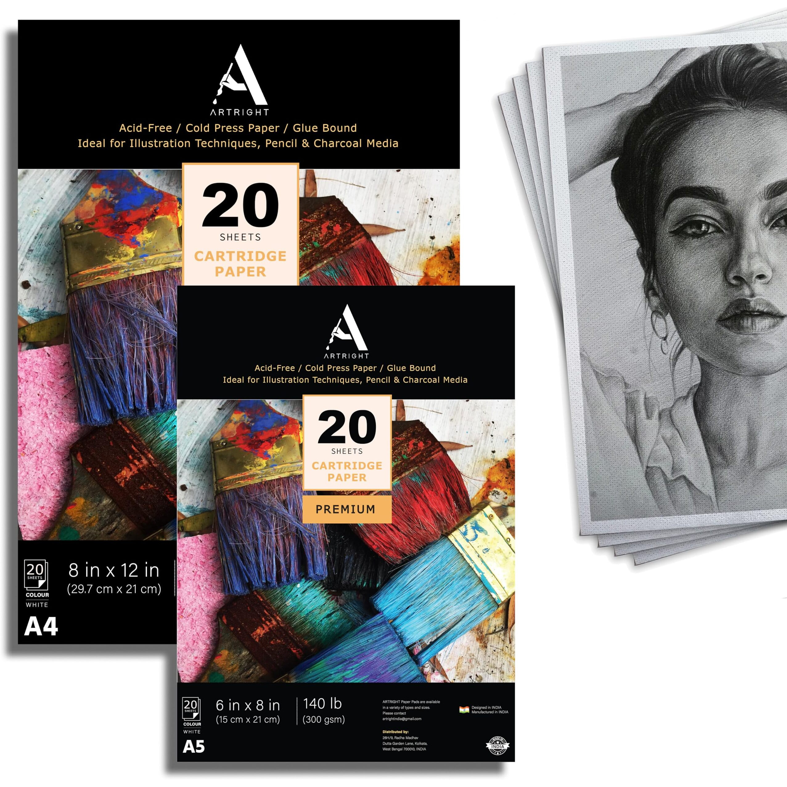 Artright Drawing & Sketching Paper Combo Of A4 (20 Sheets) & A5 (20 Sheets) - Handmade Drawing & Sketching Papers For Pencil, Charcoal, Ink And Mixed Media