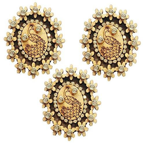 Paushak Boutique Pretty Oval Wooden Peacock Print Button (Set Of 3)