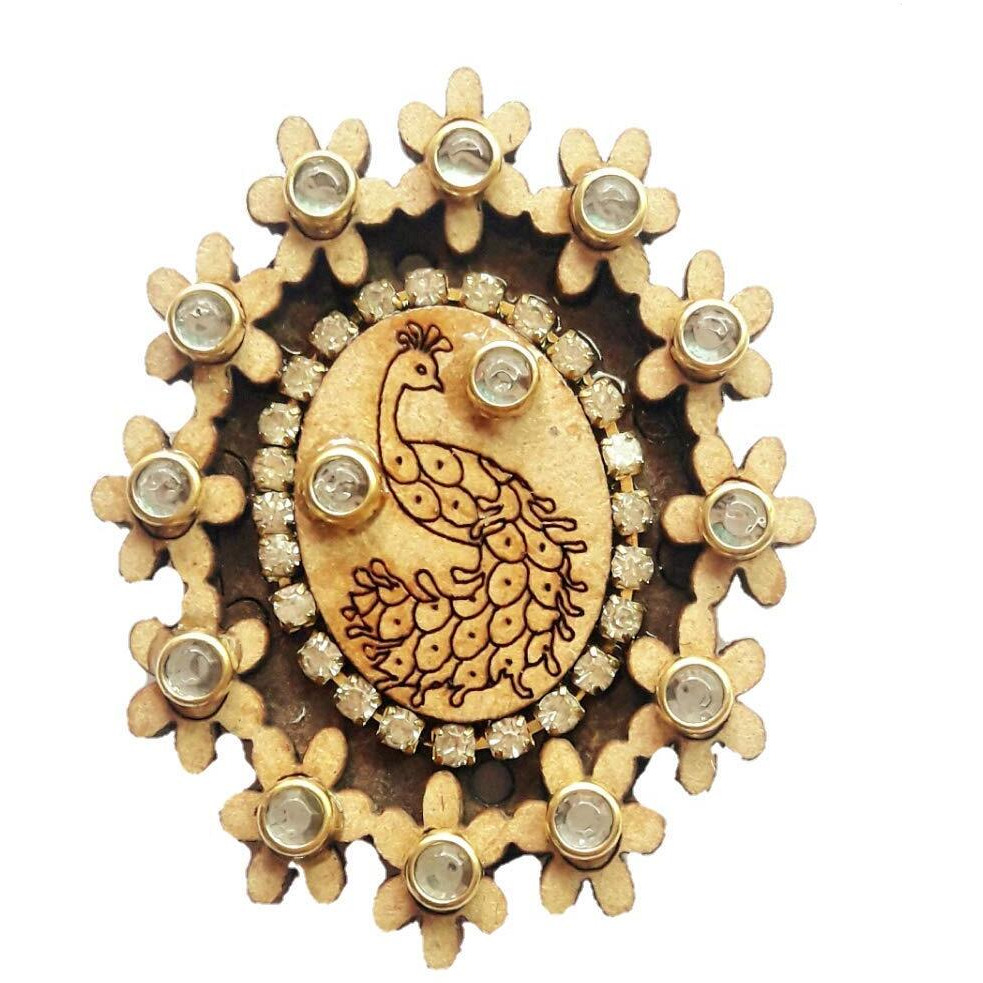 Paushak Boutique Pretty Oval Wooden Peacock Print Button (Set Of 3)