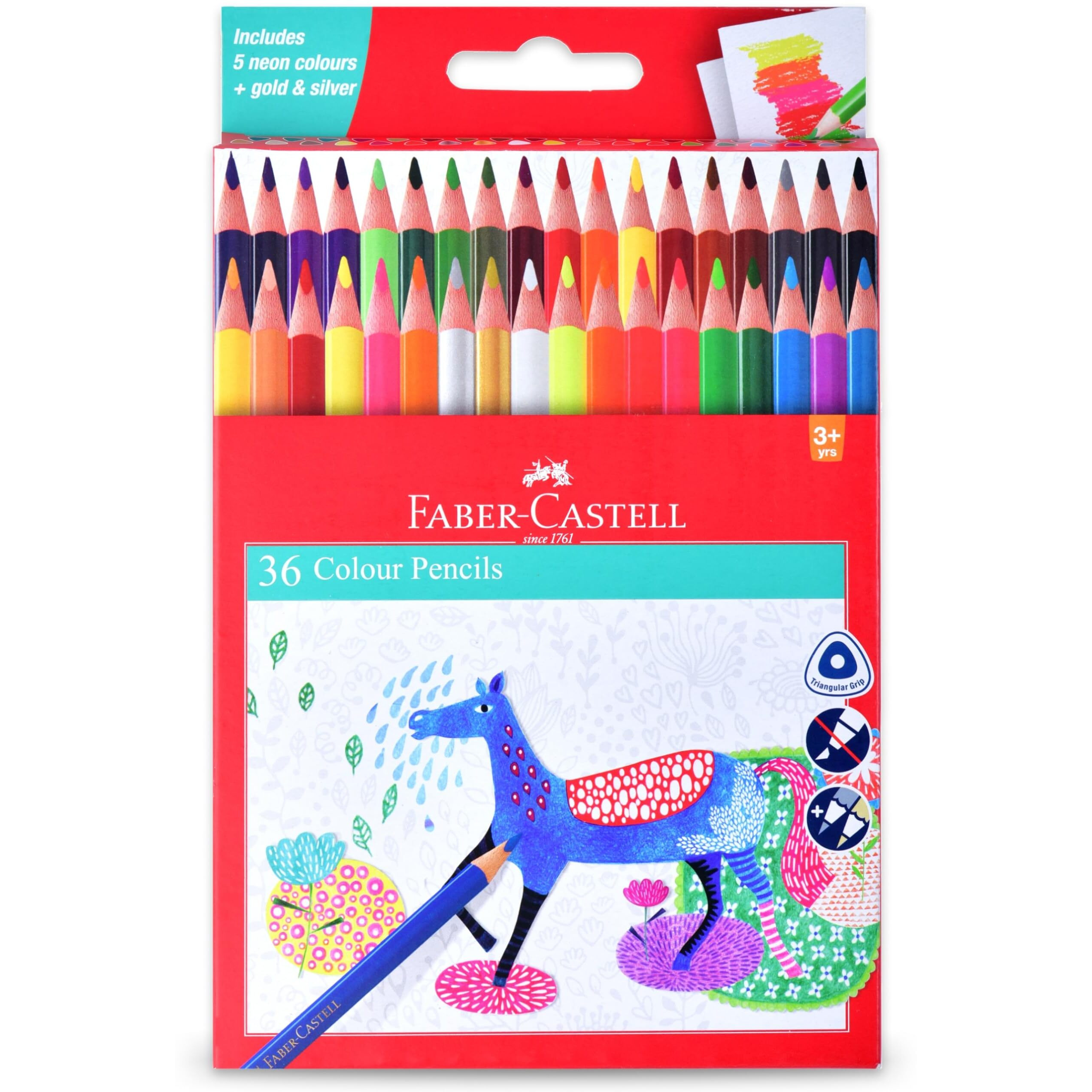 Faber-Castell Triangular Colour Pencil Set  Pack Of 36 | Super Soft, Smooth & Child-Safe Colour Pencils | Classic Triangular Grip | Perfect For School And Art Projects
