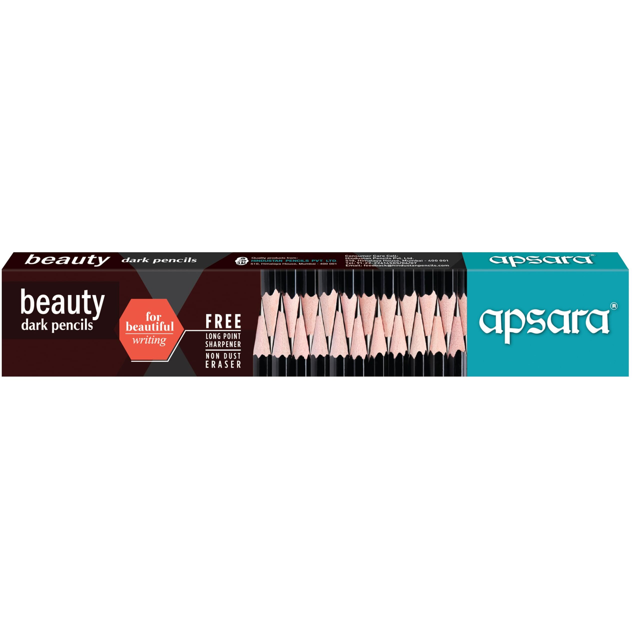Apsara Beauty Pencils, Hexagonal Body For Strong Grip, Classic Black Design For Premium Look, Good Handwriting, Free Sharpener & Eraser, Non-Toxic (Pack Of 10 Pencils)