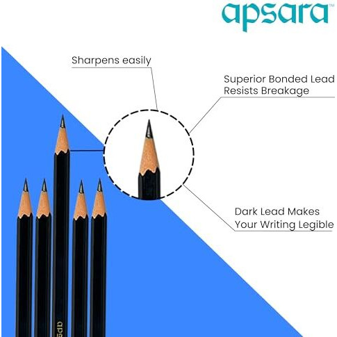 Apsara Beauty Pencils, Hexagonal Body For Strong Grip, Classic Black Design For Premium Look, Good Handwriting, Free Sharpener & Eraser, Non-Toxic (Pack Of 10 Pencils)