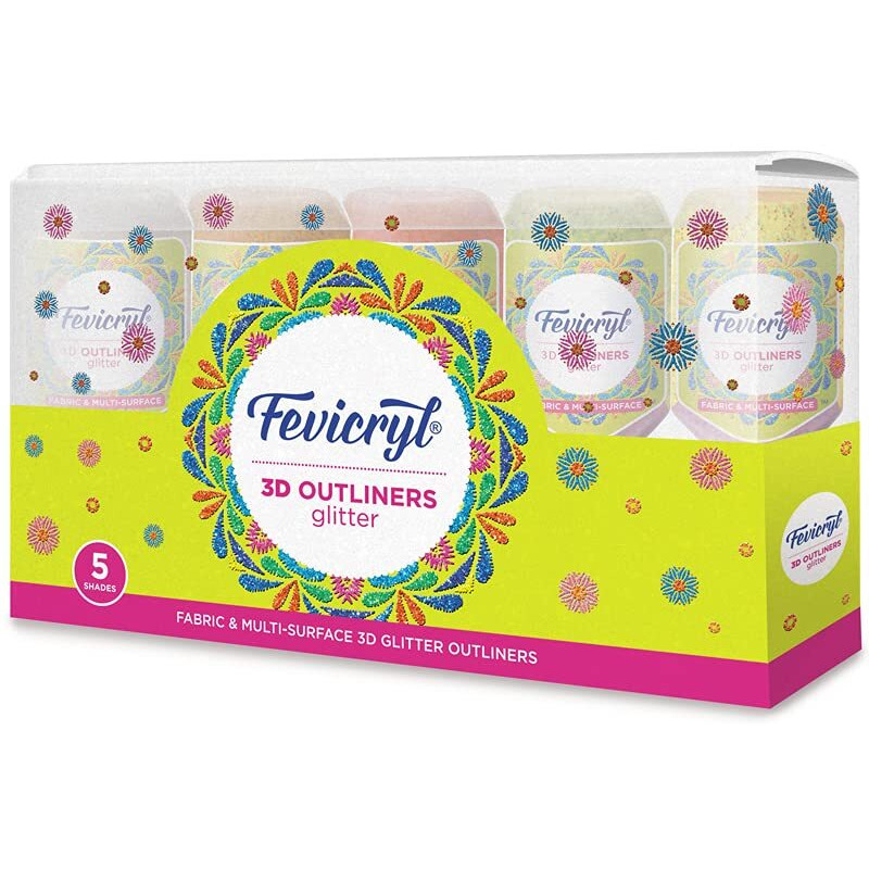 Fevicryl 3D Outliners Glitter Kit 20Ml X 5 | Fabric And Multi-Surface 3D Outliners Assorted Pack, Multi Colour | Diy Art & Craft | Ideal For Artists, Gifting