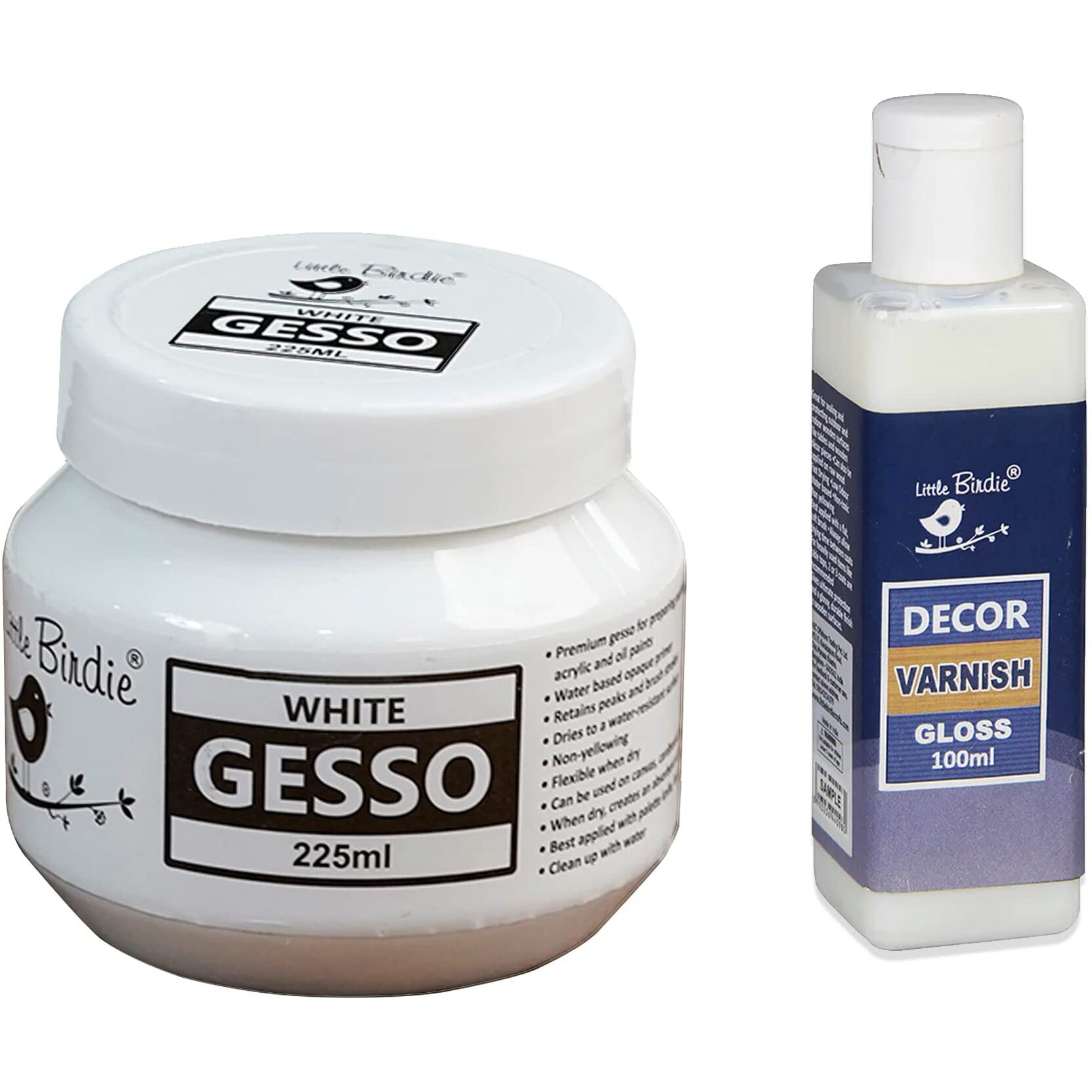 Little Birdie-Acrylic Gesso White 225Ml Bottle,Gloss Itsy Bitsy Decor Varnish, 100Ml,Multicolour-Each 1Pc