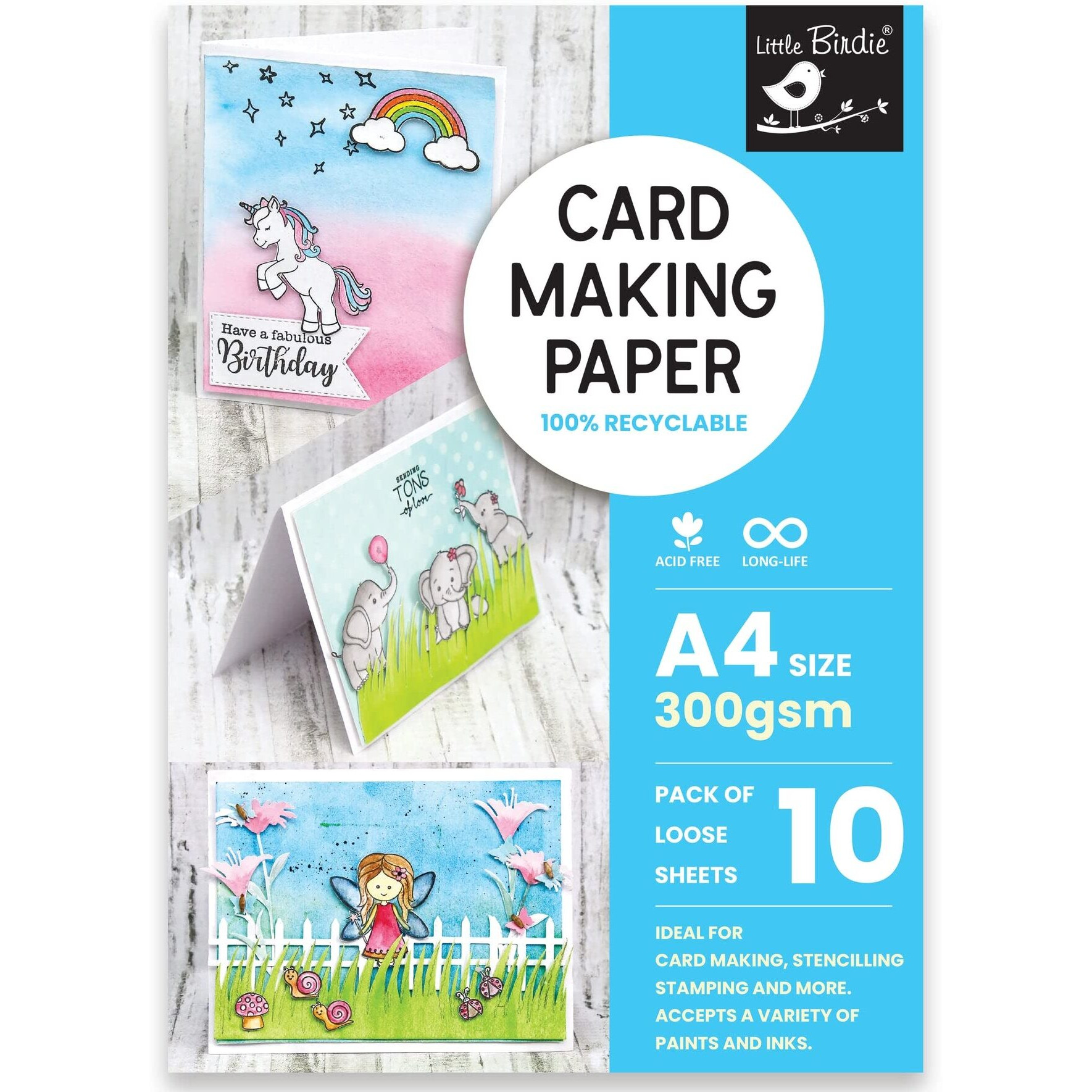 Little Birdie Card Making Paper 300 Gsm A4 Size, 10 Sheets | Durable Paper For Card Making, Stenciling, Stamping, Die Cutting, And Mixed Media Crafts