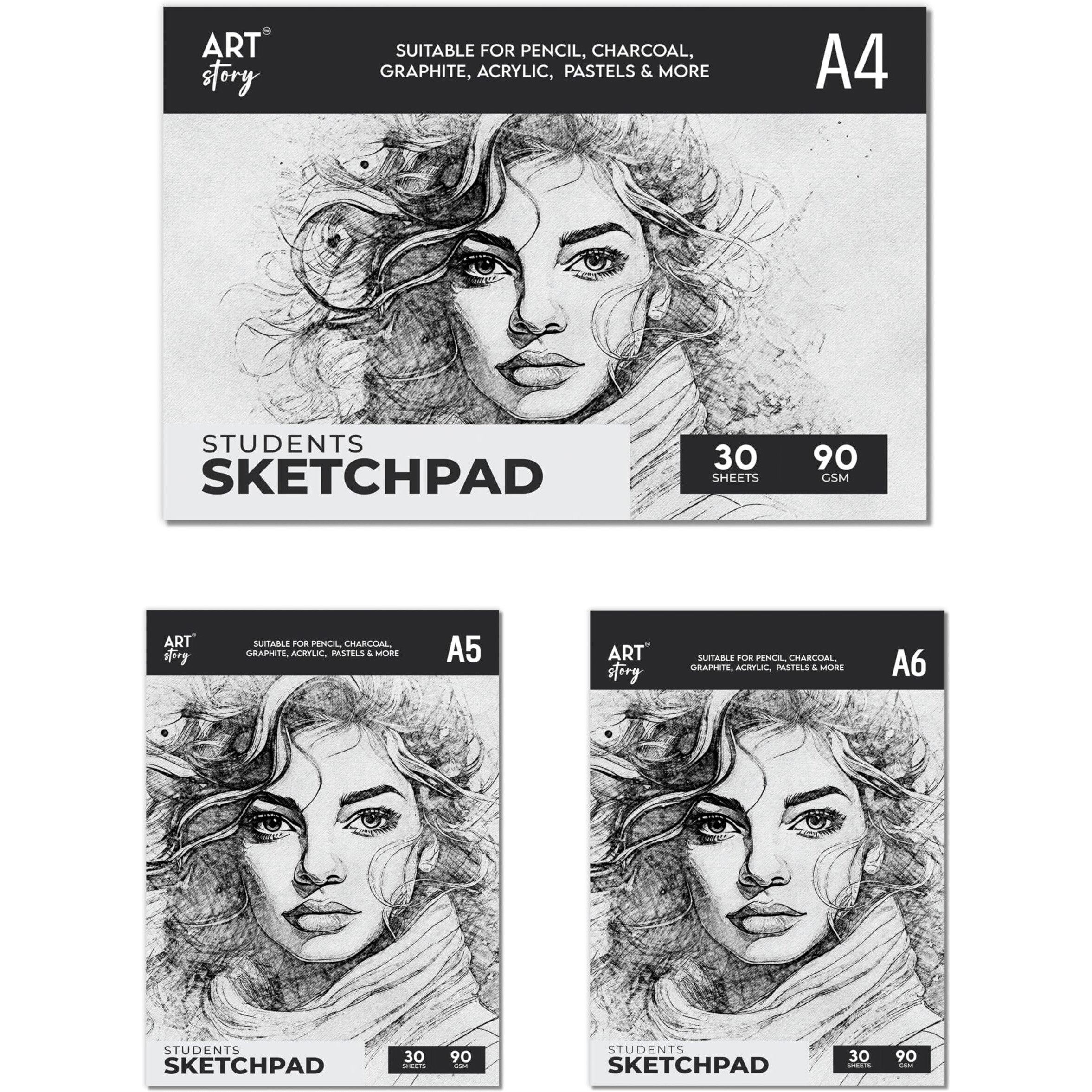 Little Birdie, Student Sketch Pad Flap Over Cover Page A4 90Gsm 30 Sheets, Page A5 90Gsm 30 Sheets, Page A6 90Gsm 30 Sheets - Set Of 3
