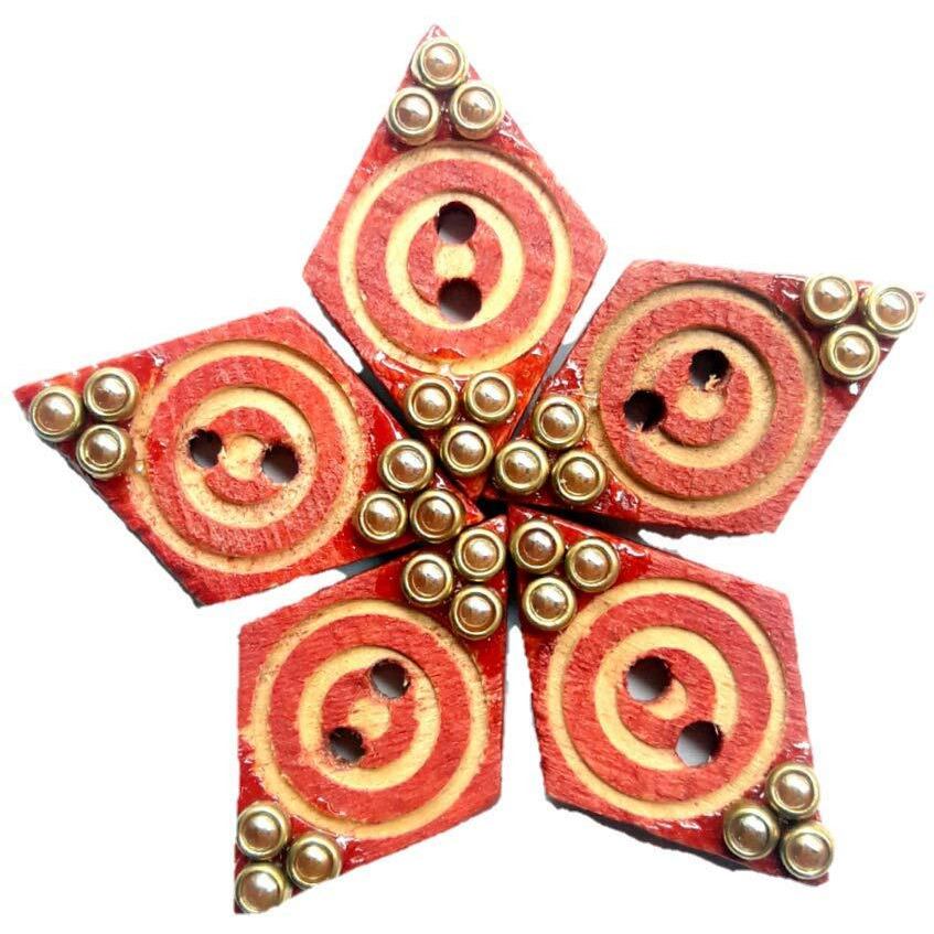 Paushak Boutique Wooden & Red Kite Shape Kundan Button (Pieces Of 5)