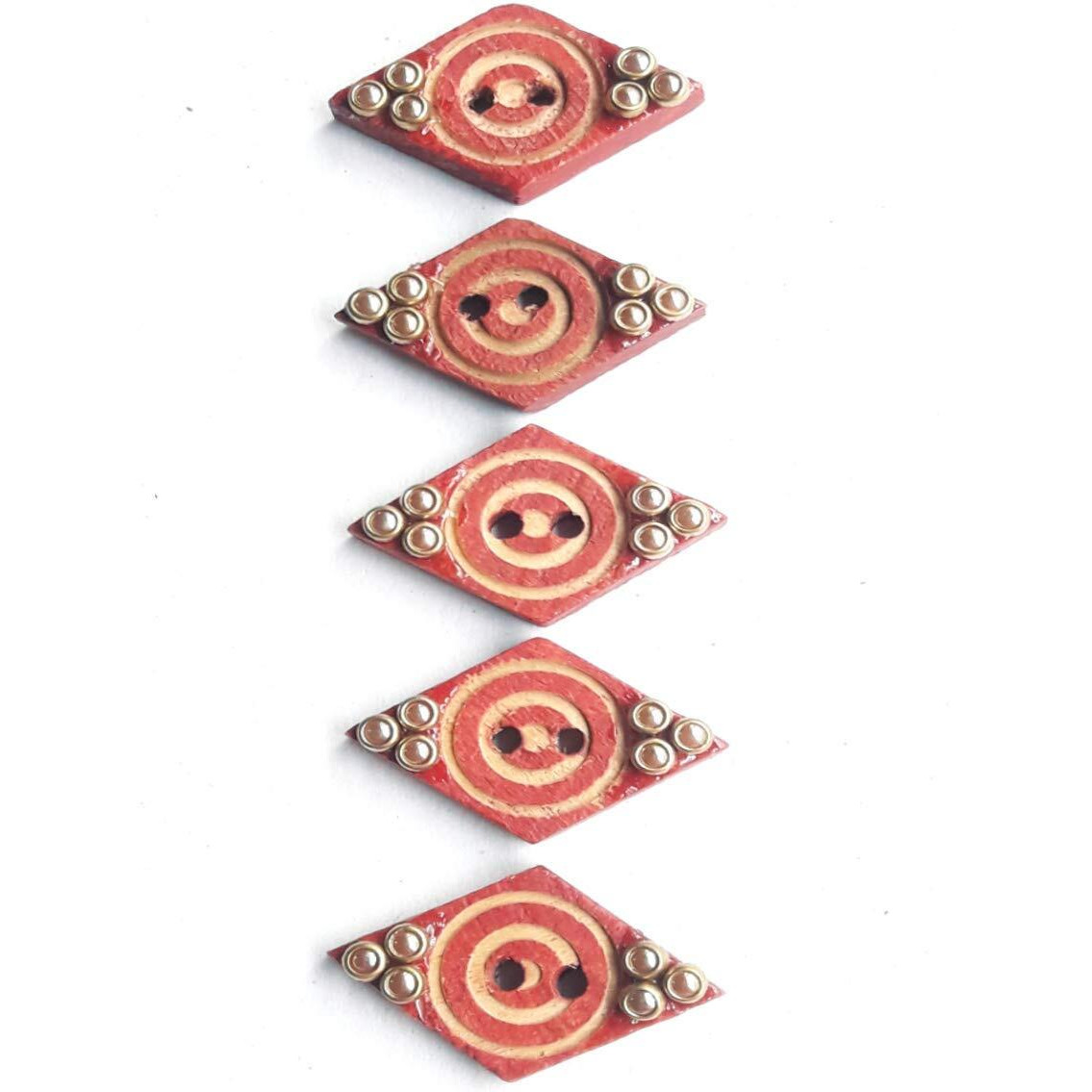 Paushak Boutique Wooden & Red Kite Shape Kundan Button (Pieces Of 5)