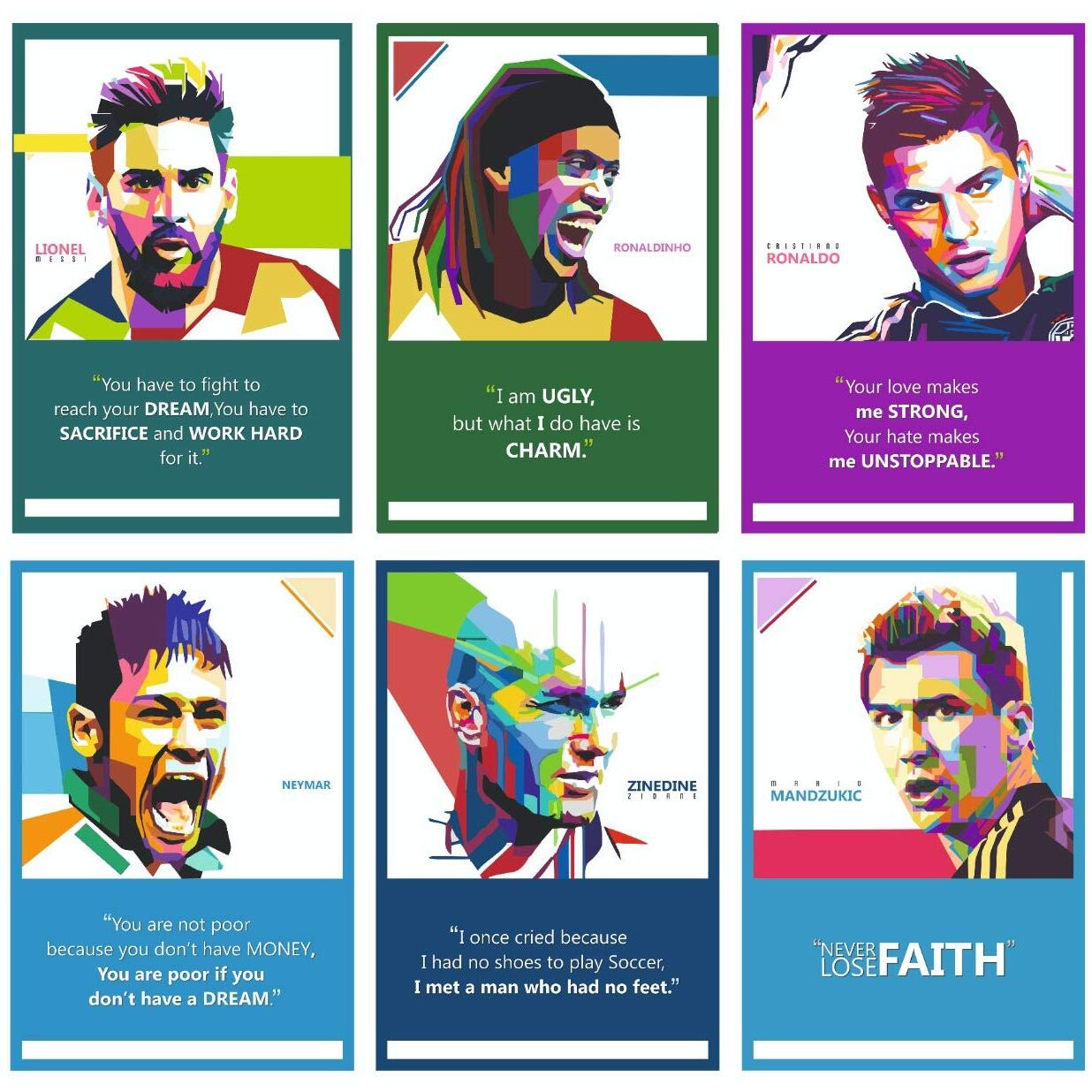 Vantagekart Football Players Inspirational Motivational Self Adhesive Wall Posters For Home & Office Decor (Paper, 18X12-Inch, Multi) - Set Of 6
