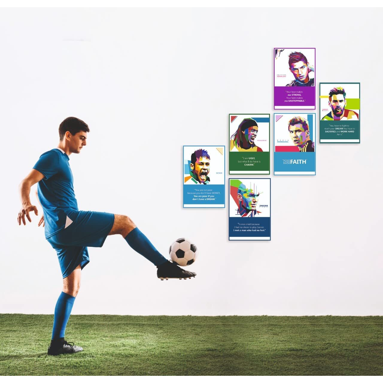 Vantagekart Football Players Inspirational Motivational Self Adhesive Wall Posters For Home & Office Decor (Paper, 18X12-Inch, Multi) - Set Of 6