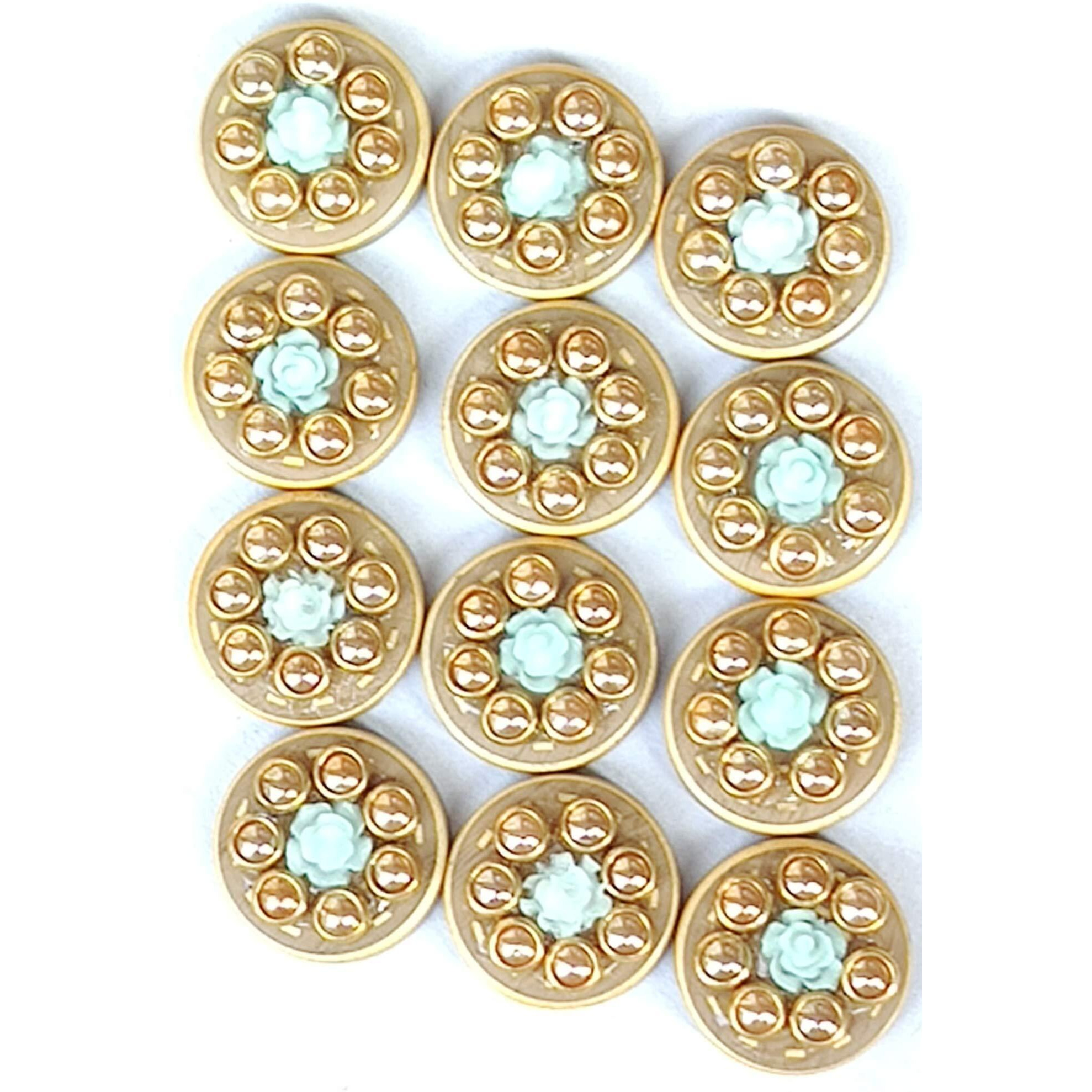 Paushak Boutique Wooden Round Sky Flower Kundan Button (10 Pieces)