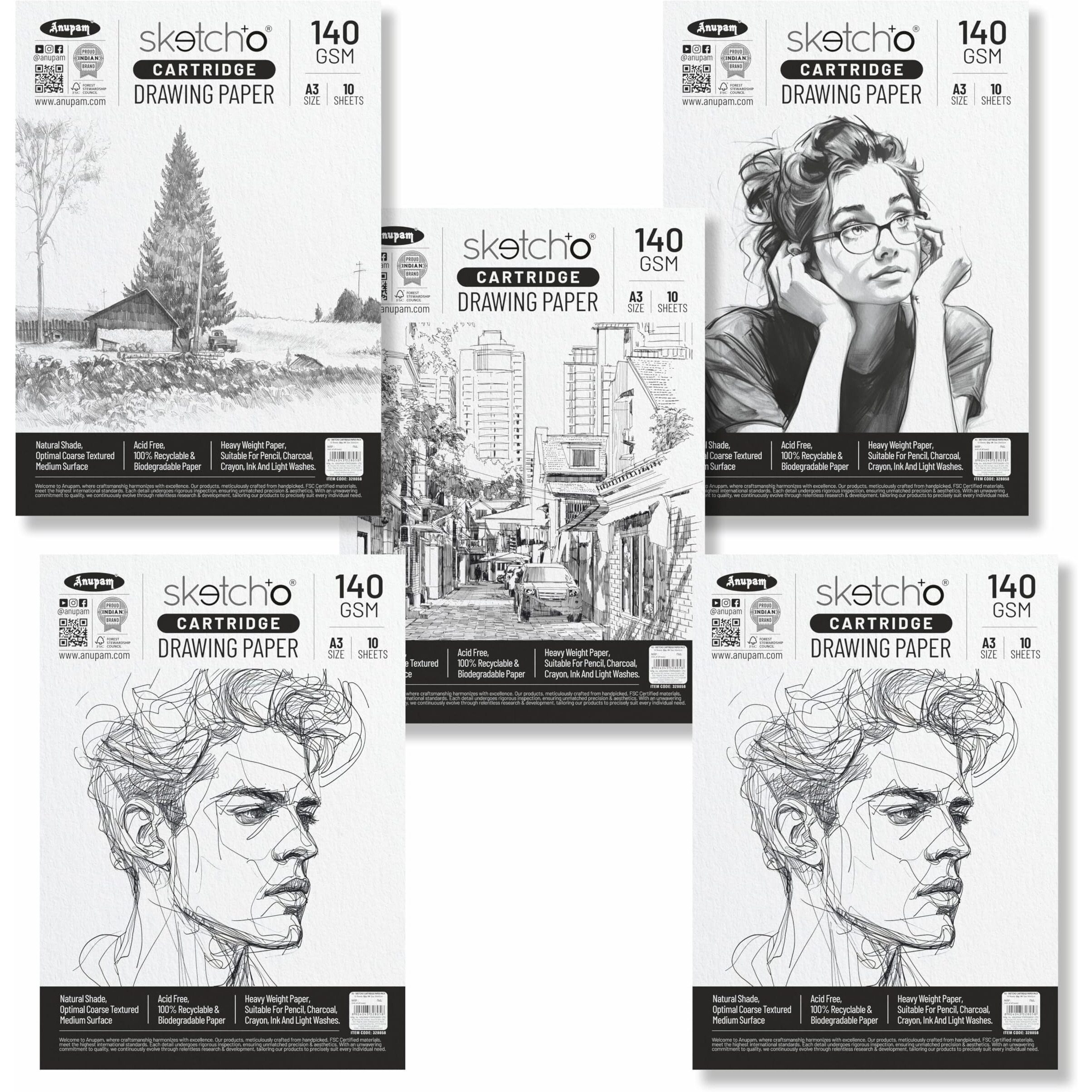 Anupam Artists Sketching & Drawing Paper 140 Gsm A3 Pack Of 10 For Sketching & Drawing With Pencil, Charcoal, Graphite, Chalk, Oil Pastel & Wax Crayon For Artist's & Amateurs (Pack Of 5)