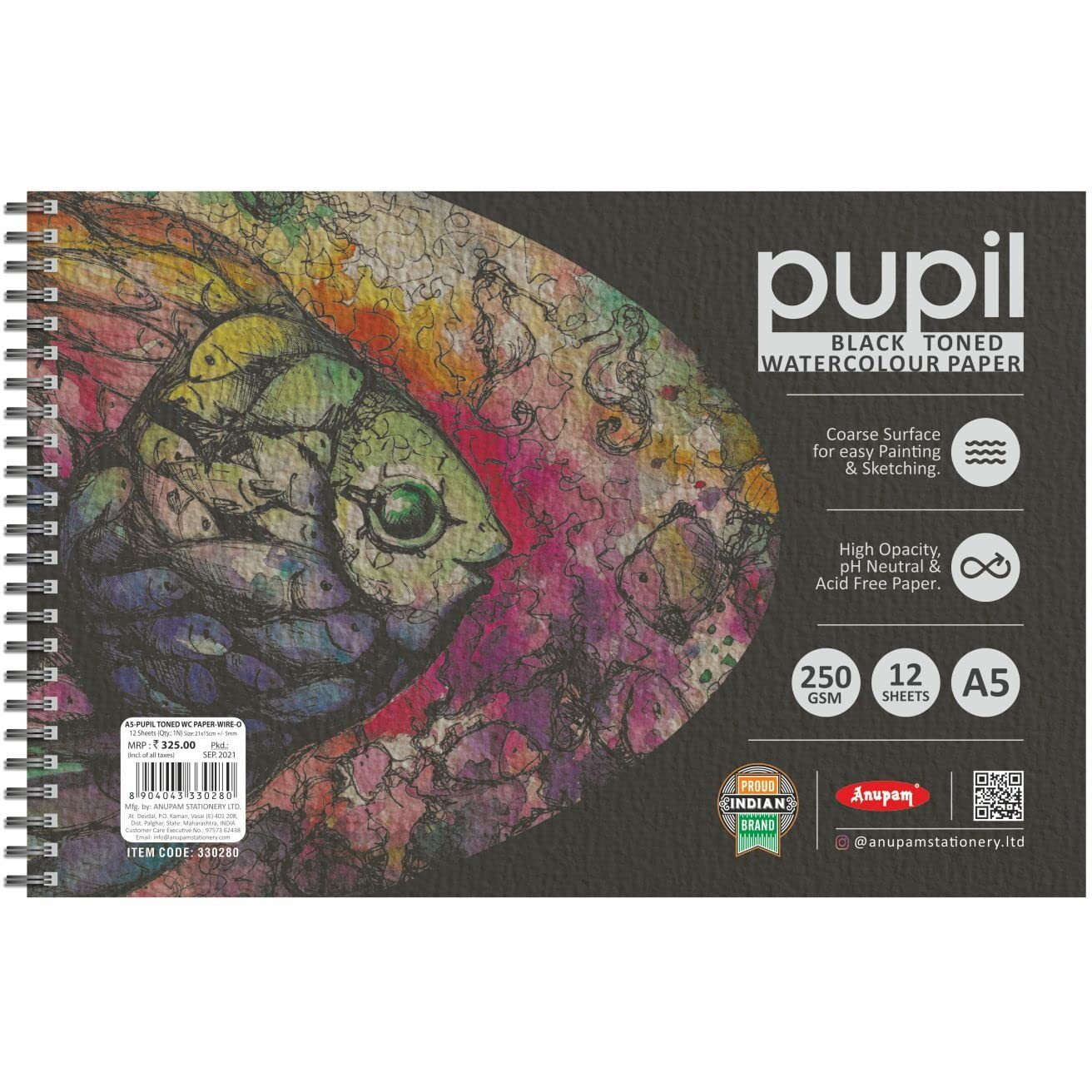 Anupam Pupil Black Toned Watercolour Paper Wire-O Book - Cold Press Paper - 250 Gsm - 12 Sheets -A5