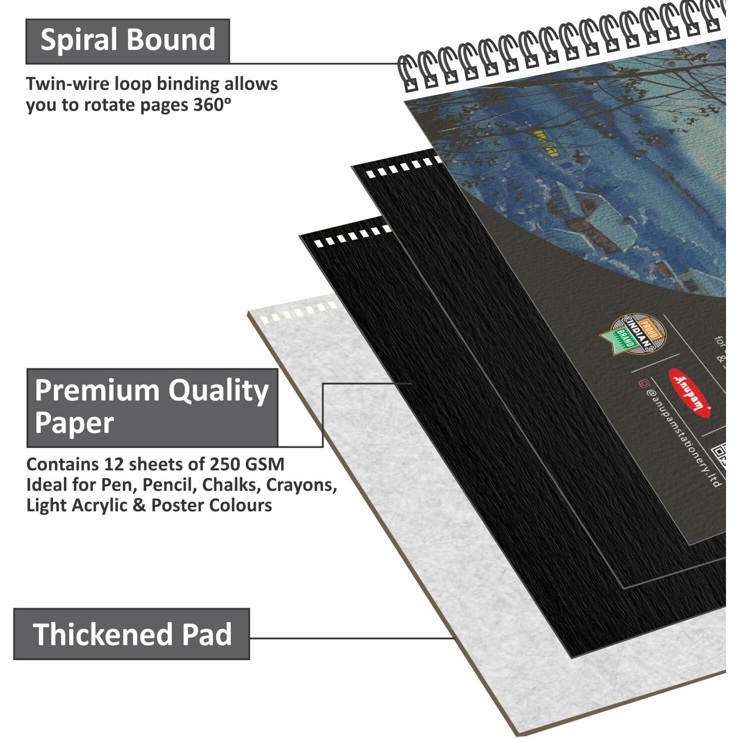 Anupam Pupil Black Toned Watercolour Paper Wire-O Book - Cold Press Paper - 250 Gsm - 12 Sheets -A5