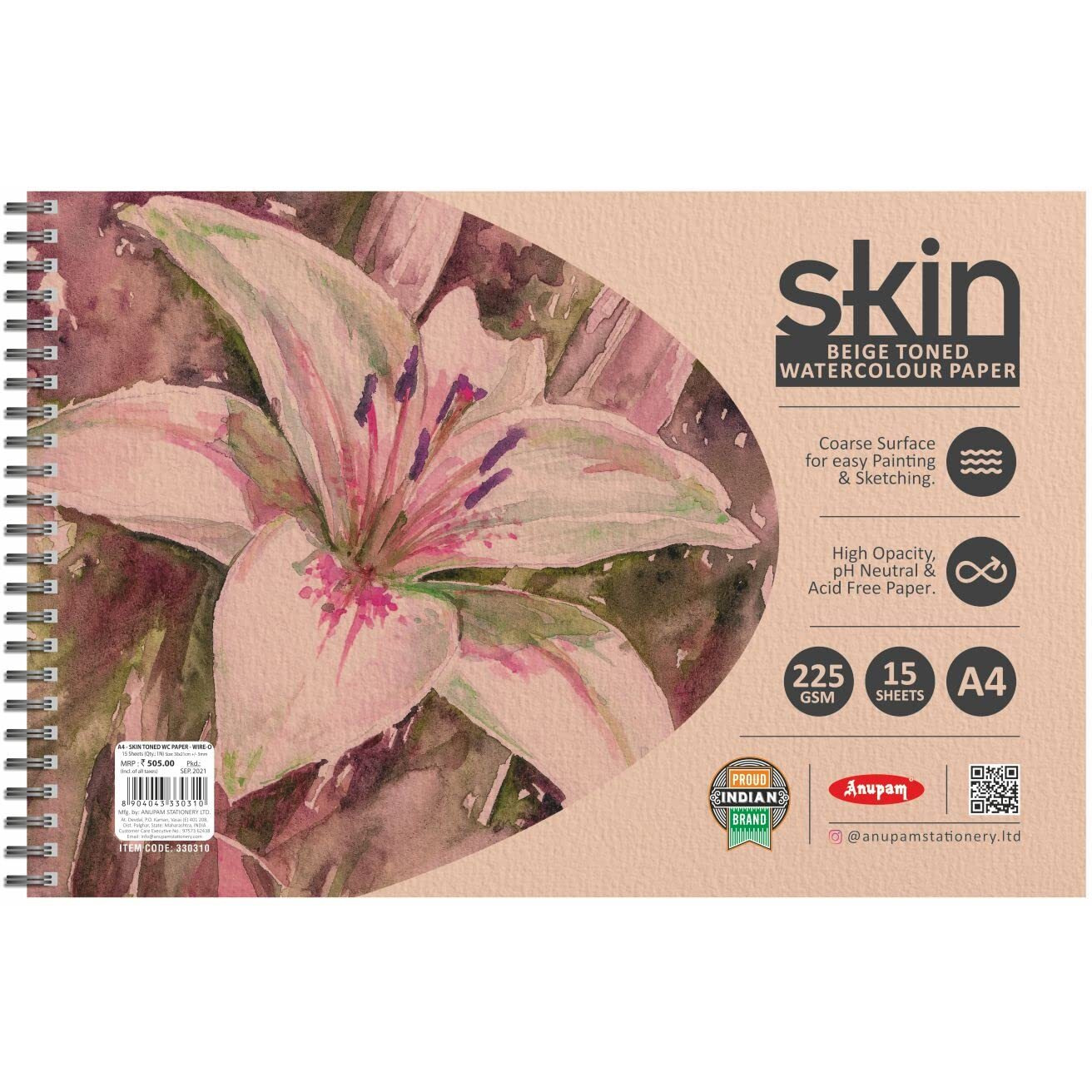 Anupam Skin Toned Watercolour Paper Wireo Book - Beige Toned - Cold Press Paper - 225 Gsm - 15 Sheets - A4