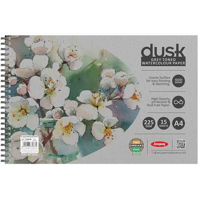 Anupam Dusk Grey Watercolour Paper Book - Cold Pressed - Wiro Bound - 225 Gsm - 15 Sheets - A4