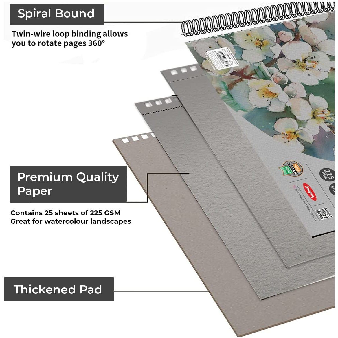 Anupam Dusk Grey Watercolour Paper Book - Cold Pressed - Wiro Bound - 225 Gsm - 15 Sheets - A4