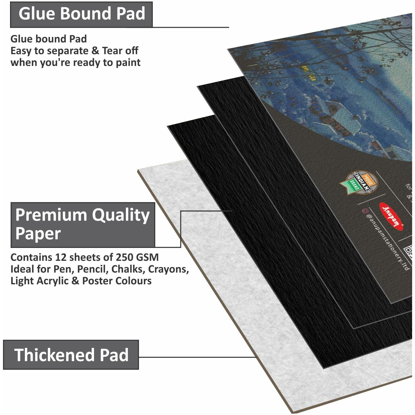 Anupam Pupil Black Toned Watercolour Paper Pad - Cold Press Paper - 250 Gsm - 12 Sheets - A4