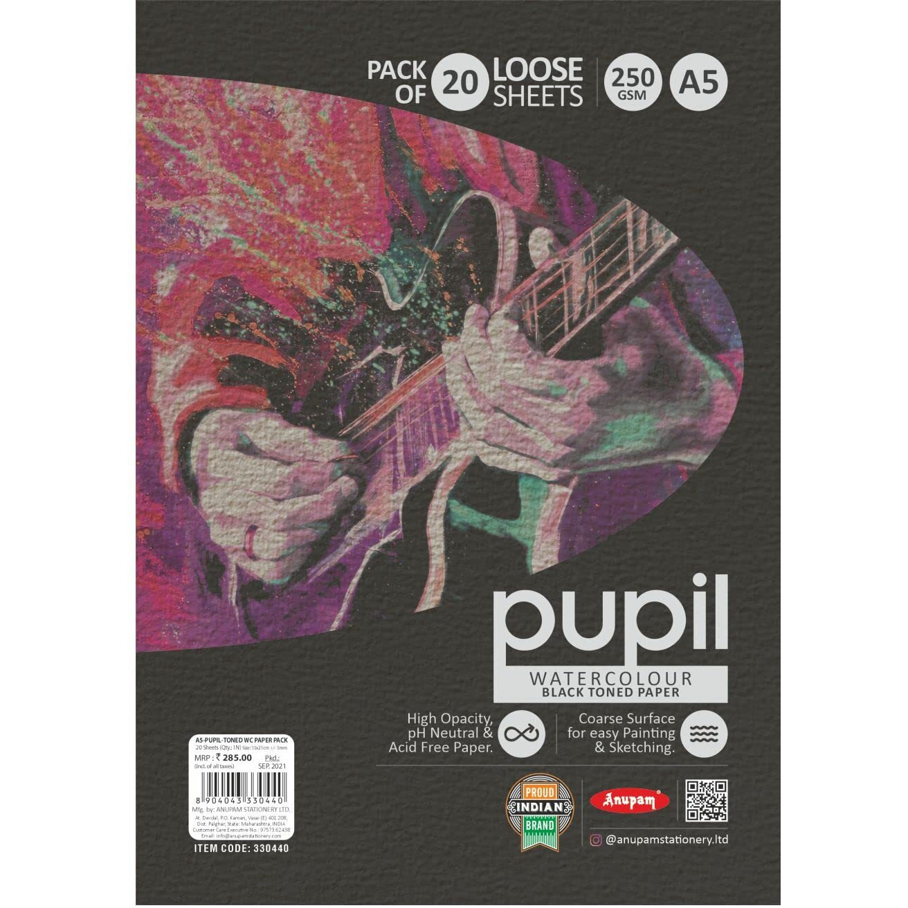 Anupam Pupil Black Toned Paper - Acid Free - Cold Press Paper - 20 Loose Sheet - 225 Gsm - A5