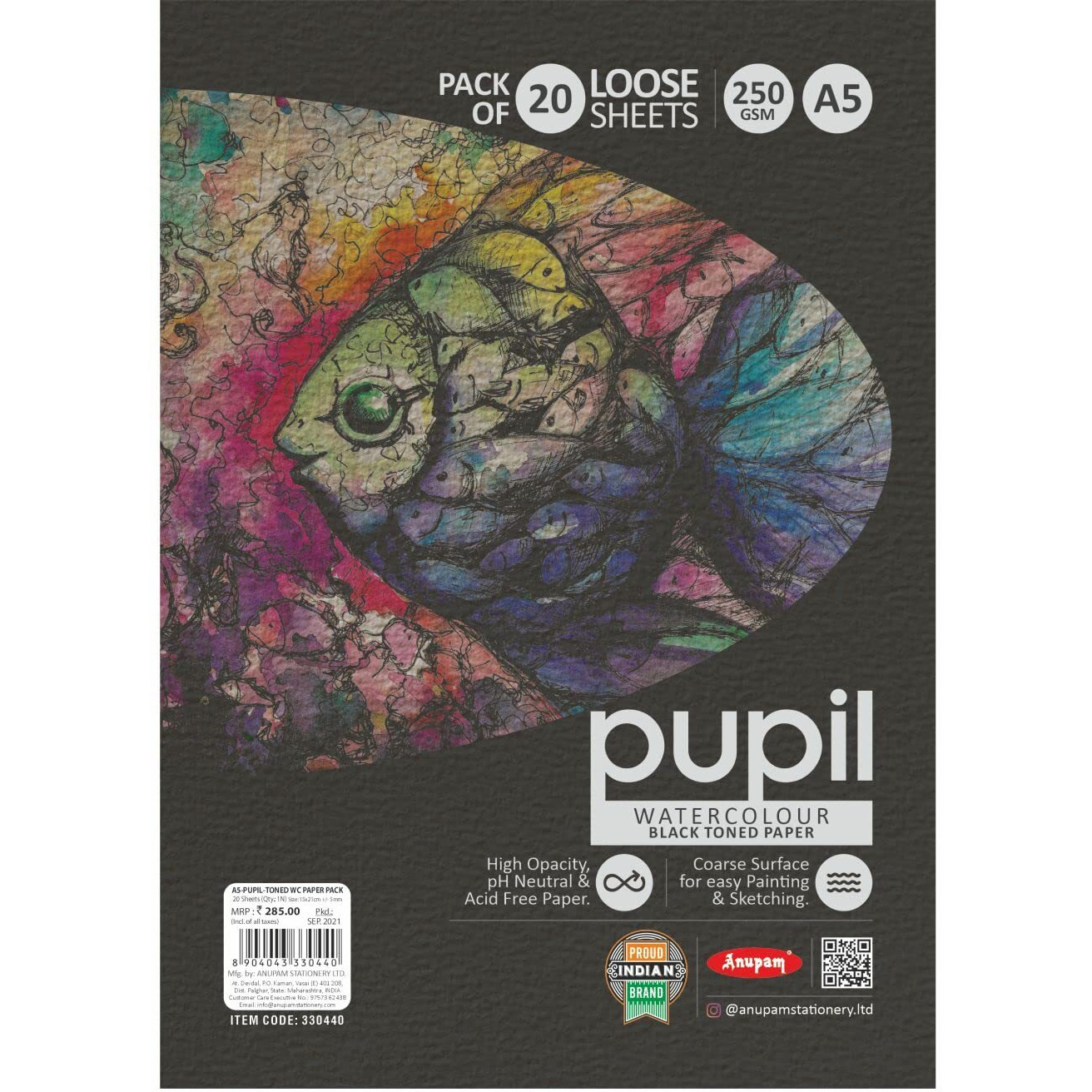 Anupam Pupil Black Toned Paper - Acid Free - Cold Press Paper - 20 Loose Sheet - 225 Gsm - A5