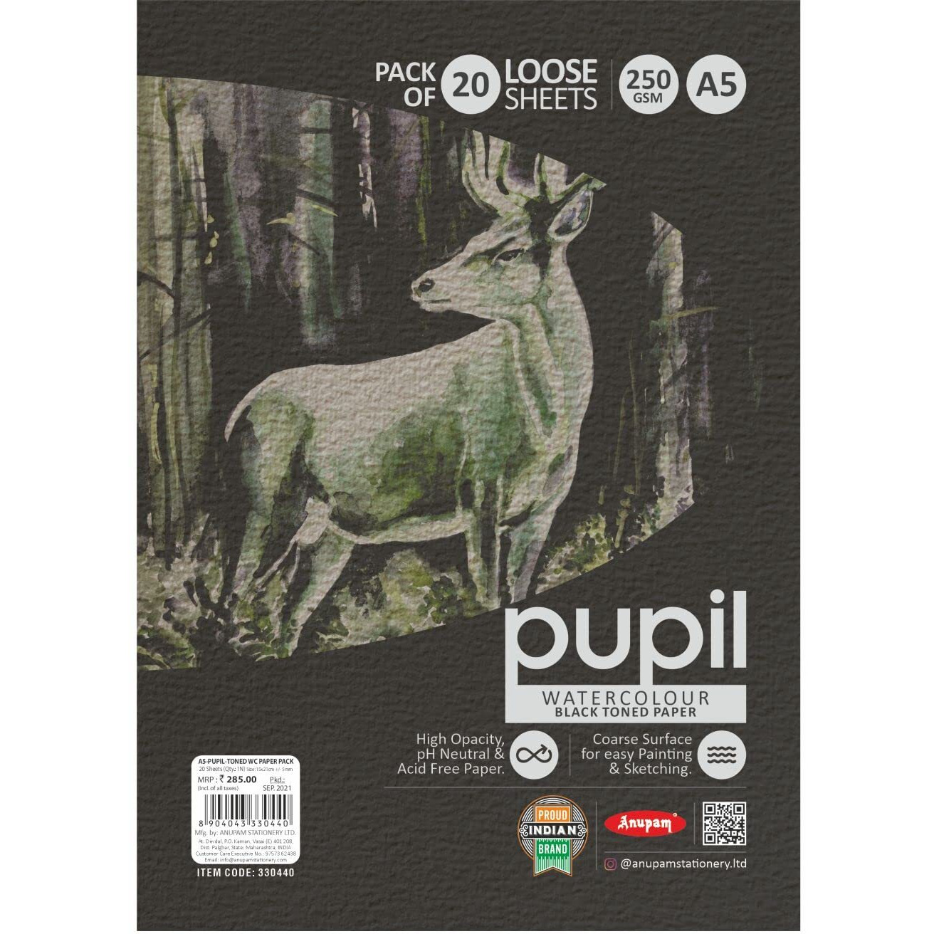 Anupam Pupil Black Toned Paper - Acid Free - Cold Press Paper - 20 Loose Sheet - 225 Gsm - A5