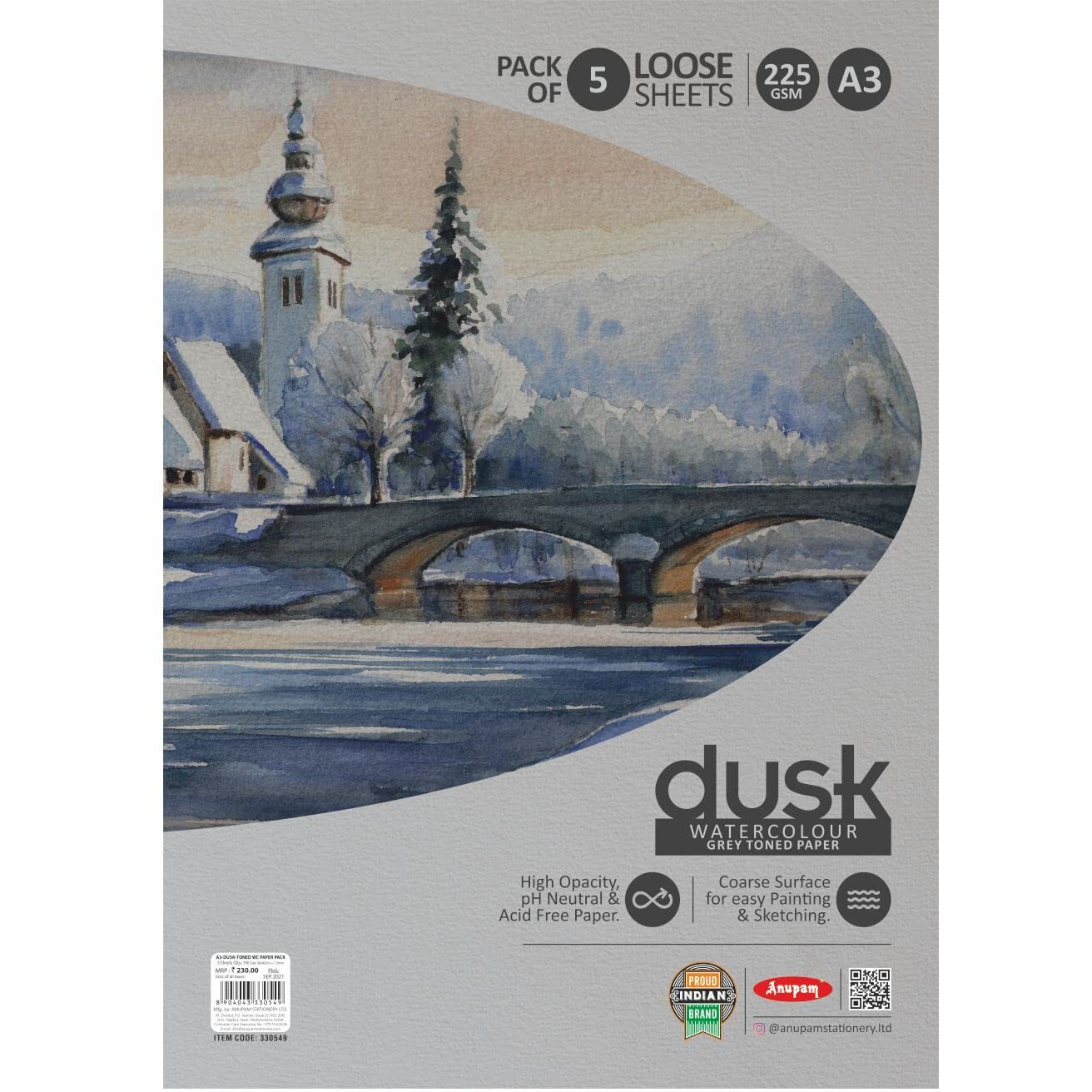 Anupam Dusk Grey Toned Paper - Acid Free - Cold Press Paper - 5 Loose Sheet - 225 Gsm - A3