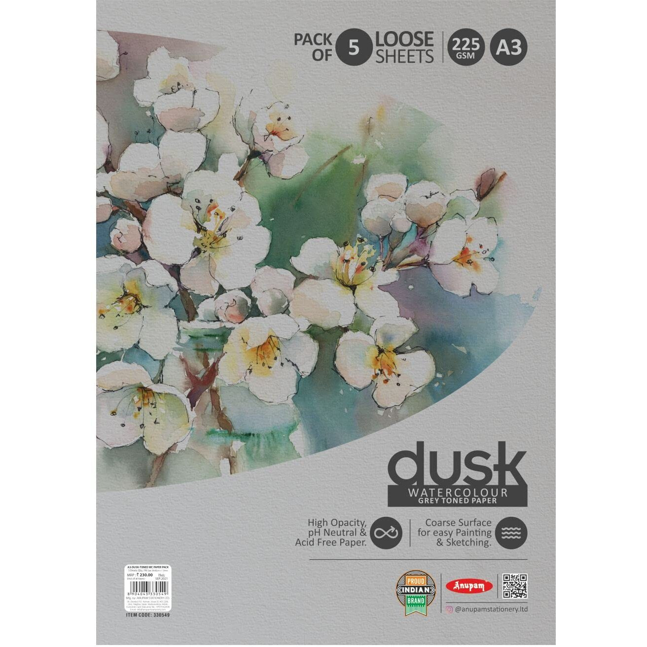Anupam Dusk Grey Toned Paper - Acid Free - Cold Press Paper - 5 Loose Sheet - 225 Gsm - A3