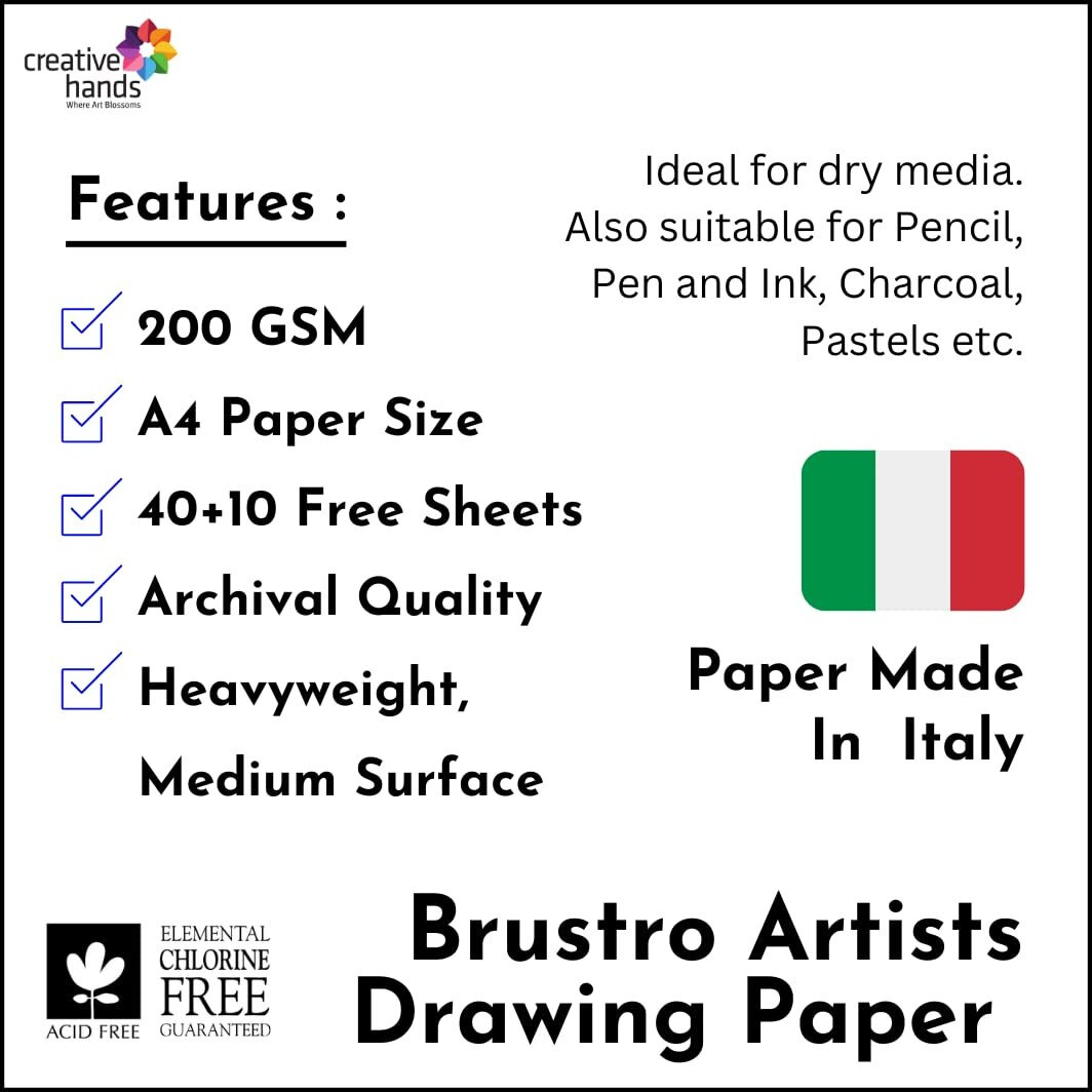Brustro Drawing Papers | 200 Gsm, A4, Pack Of 50 (40+10 Sheets) | Ideal For Students And Adults, School, Coloring, Professional Art, Craft, Graphite, Charcoal, Pastels, Sketching, Shading, Drawing
