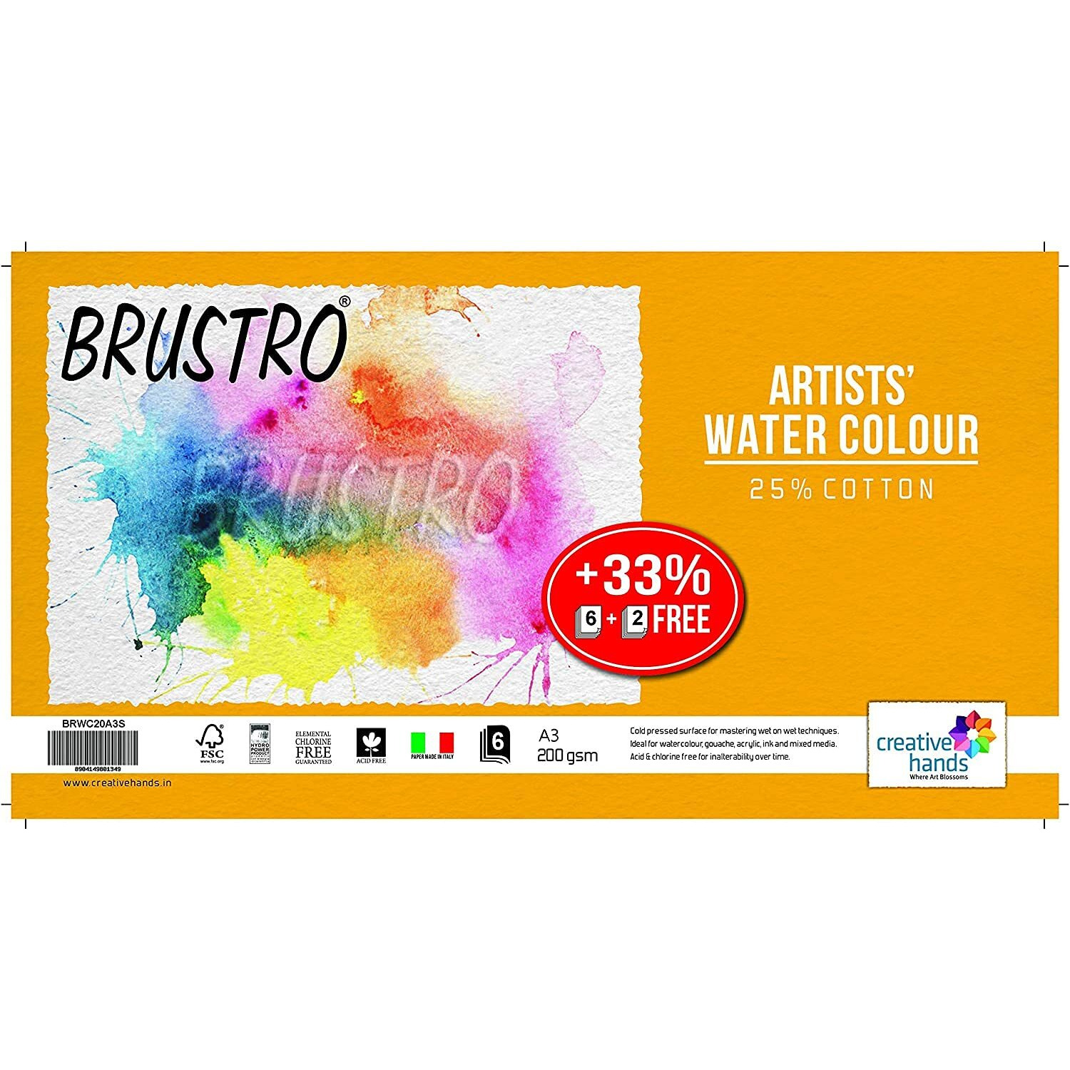 Brustro Artists Watercolour Paper, 200 Gsm, A3-25% Cotton Cold Pressed, 6 + 2 Free Sheets