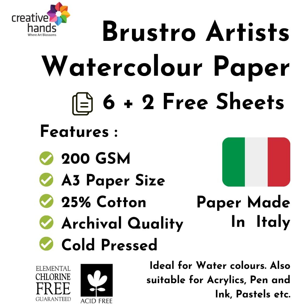 Brustro Artists Watercolour Paper, 200 Gsm, A3-25% Cotton Cold Pressed, 6 + 2 Free Sheets