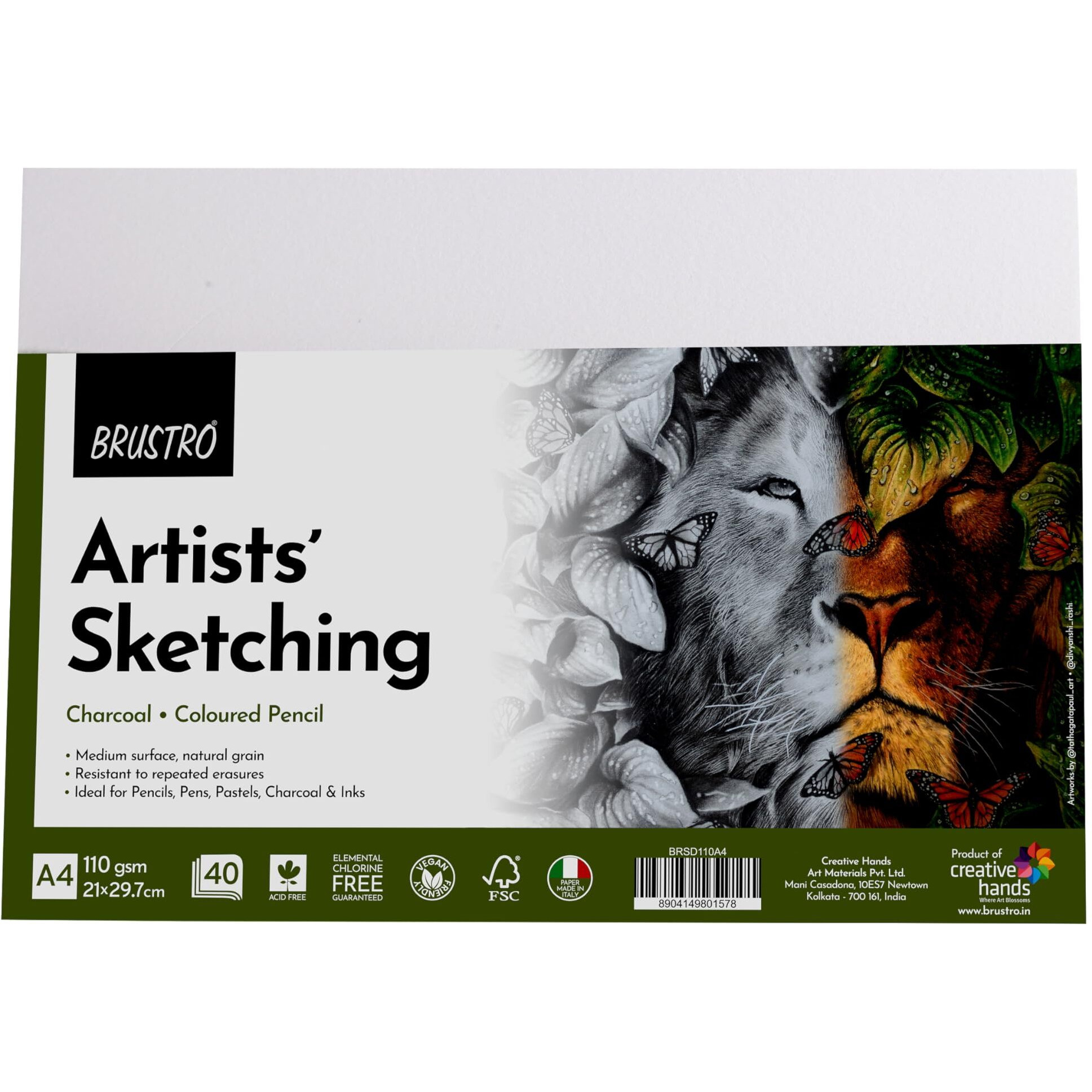Brustro Artists Sketching Paper | 110 Gsm, A4 Size, Pack Of 40 Sheets | Medium Surface, Natural Grain, Chlorine Free, Ideal For Pencil, Drawing, Charcoal, Art, Pen, Pastel, Ink