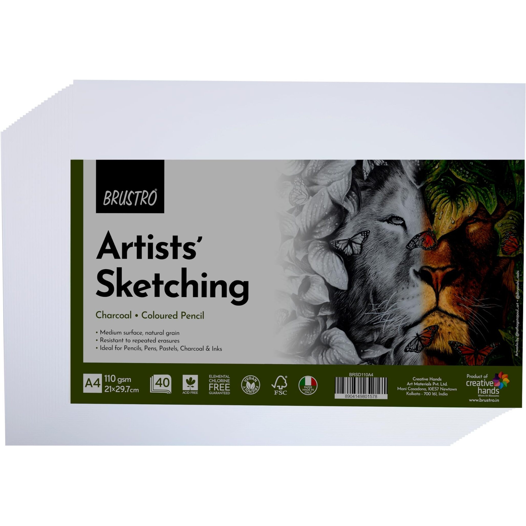 Brustro Artists Sketching Paper | 110 Gsm, A4 Size, Pack Of 40 Sheets | Medium Surface, Natural Grain, Chlorine Free, Ideal For Pencil, Drawing, Charcoal, Art, Pen, Pastel, Ink