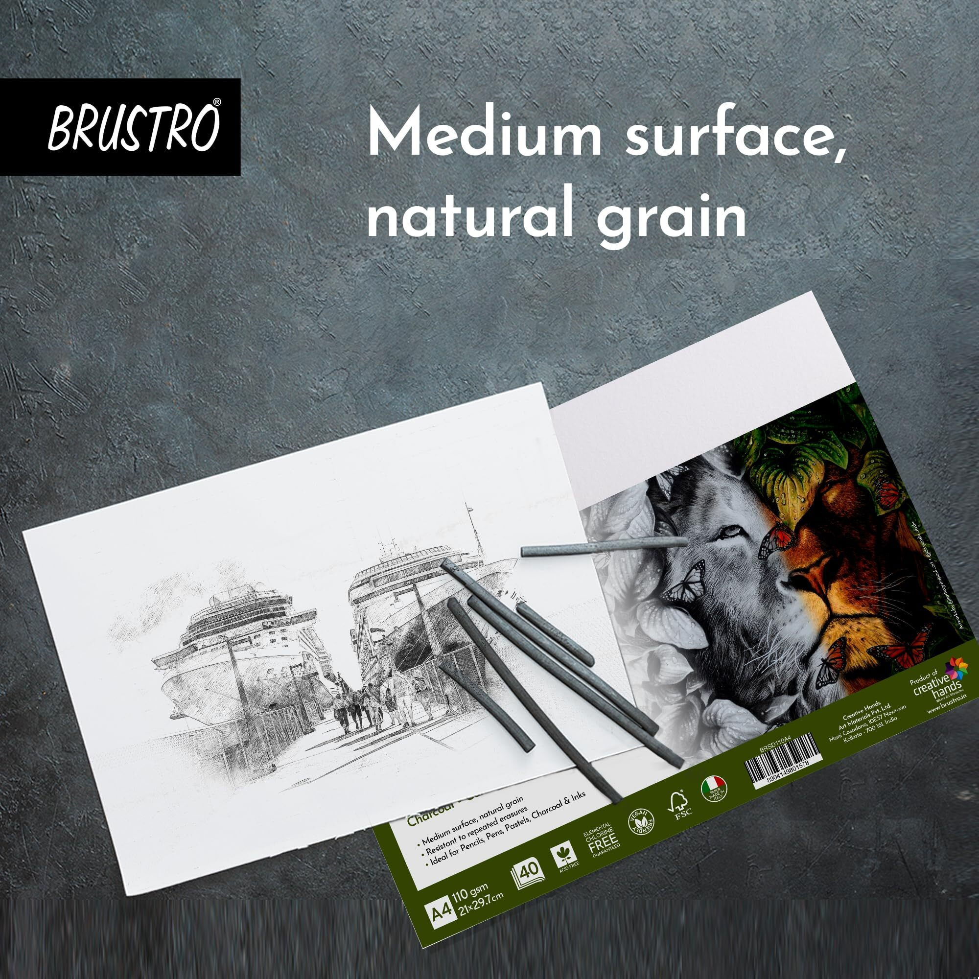 Brustro Artists Sketching Paper | 110 Gsm, A4 Size, Pack Of 40 Sheets | Medium Surface, Natural Grain, Chlorine Free, Ideal For Pencil, Drawing, Charcoal, Art, Pen, Pastel, Ink
