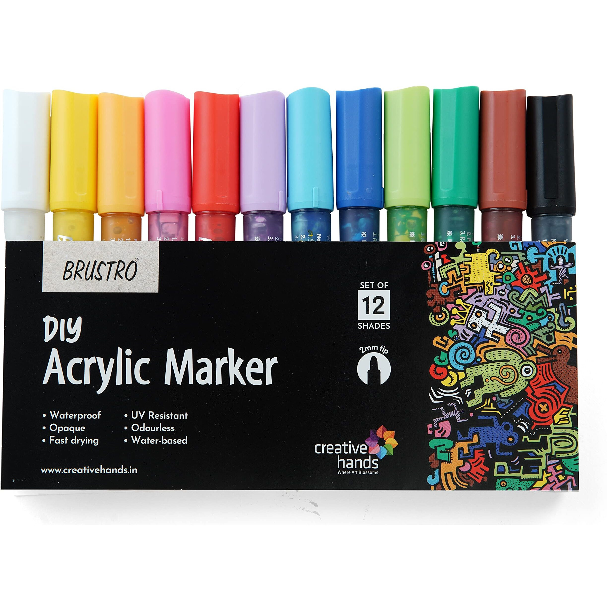 Brustro (Diy) Acrylic Marker Set Of 12 Vibrant Colours, Tip Size - 2Mm |Water-Resistant,Matte Finish,Uv Resistant,Non-Toxic Colours|Ideal For Craftworks,School, Works On Glass & Plastic