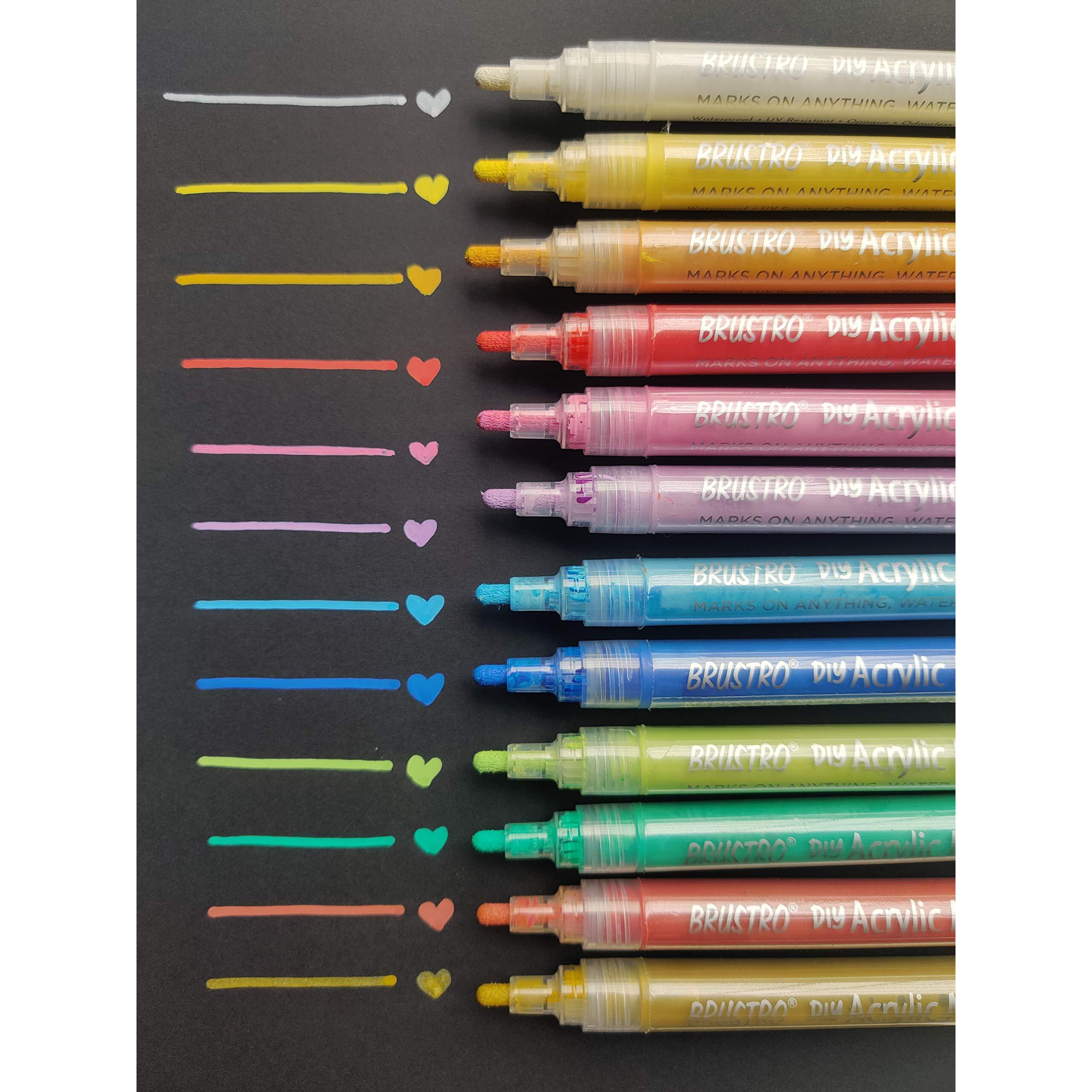 Brustro (Diy) Acrylic Marker Set Of 12 Vibrant Colours, Tip Size - 2Mm |Water-Resistant,Matte Finish,Uv Resistant,Non-Toxic Colours|Ideal For Craftworks,School, Works On Glass & Plastic