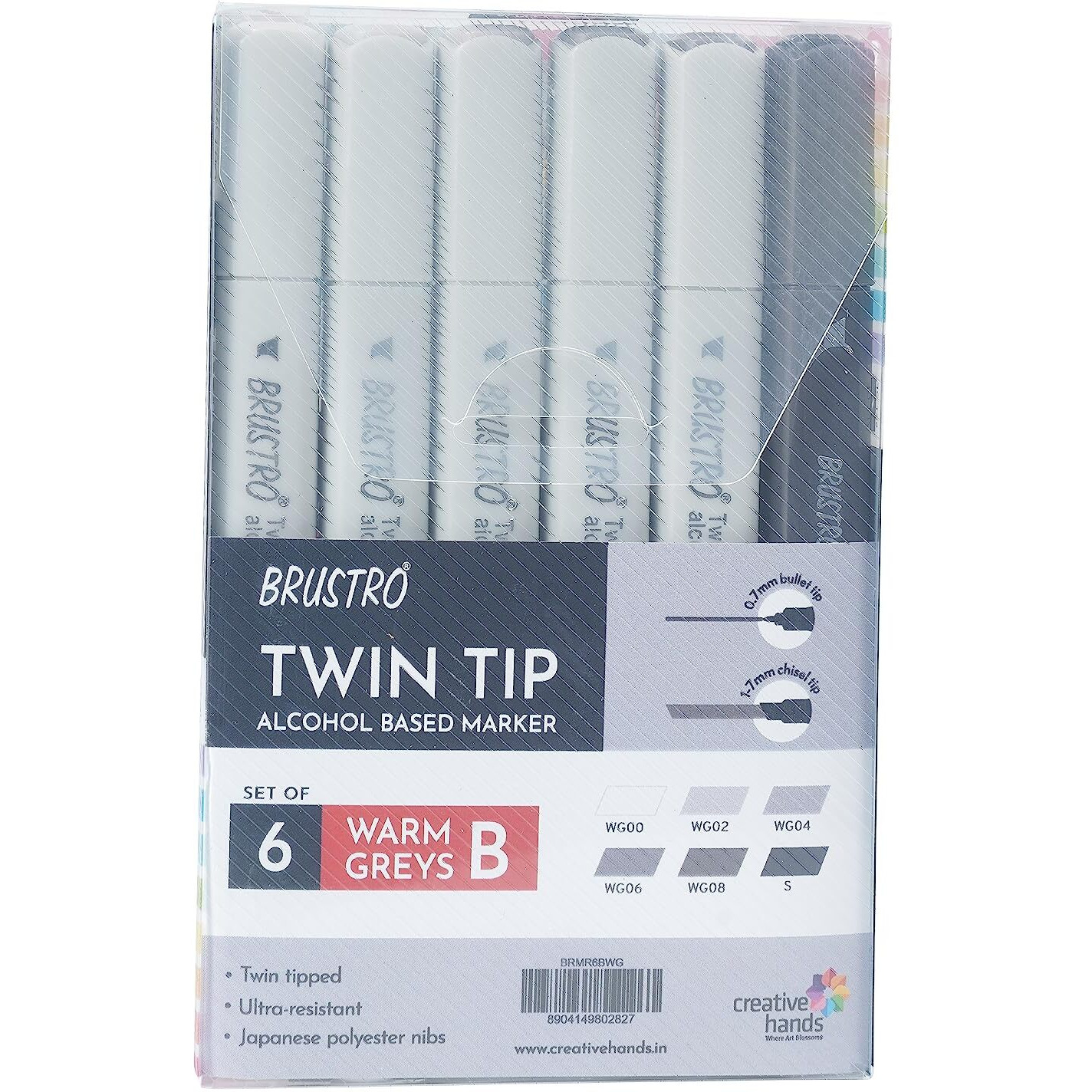 Brustro Twin Tip Alcohol Based Marker Set Of 6 - Warm Greys Set B In Crossline Pp See Through Box
