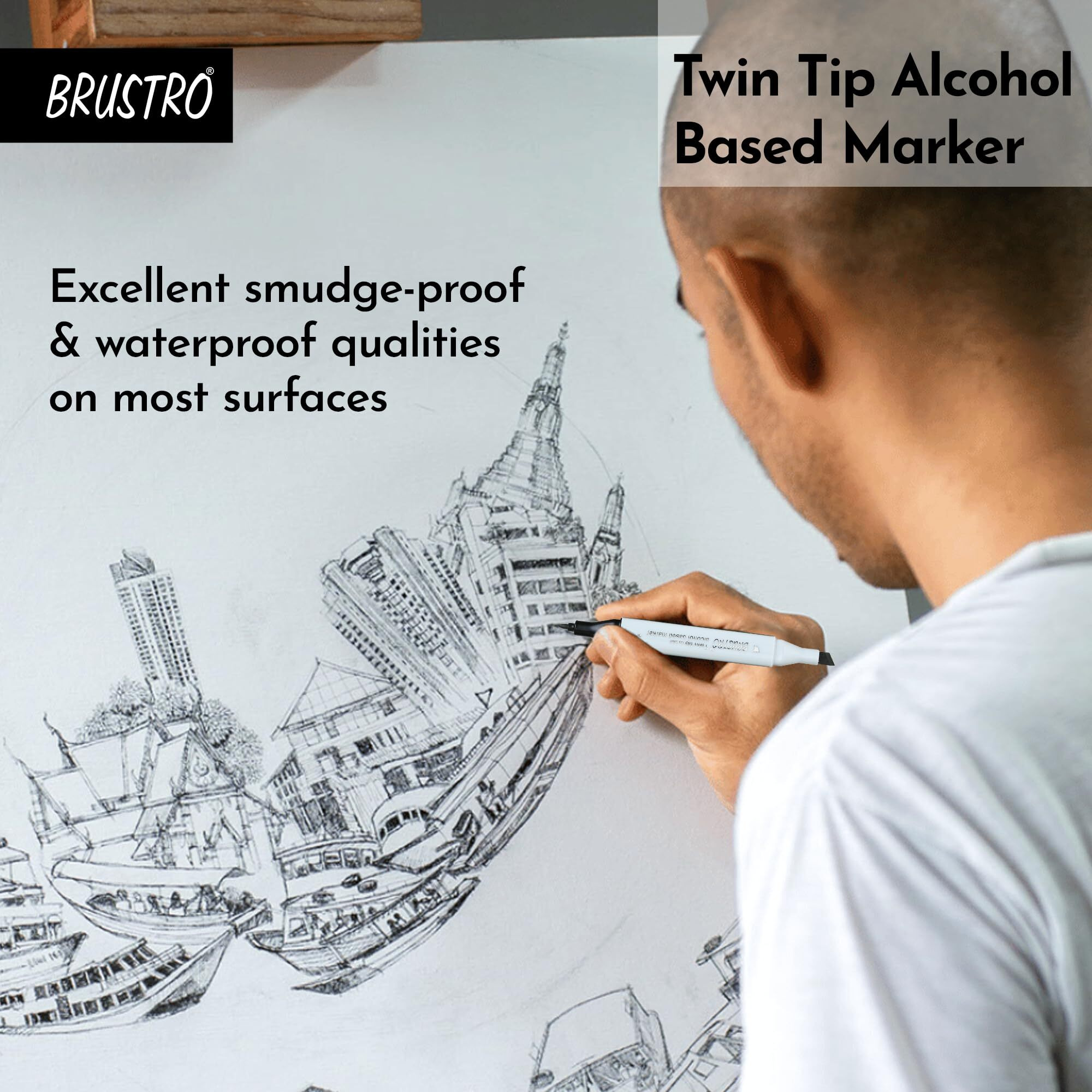 Brustro Twin Tip Alcohol Based Marker| Set Of 24 (A) In Crossline Pp See Through Box|Tip Size - Broad 1-7Mm Line,Fine 0.7Mm|Smudge-Proof,Waterproof,Ideal For Texturing, Sketching,Graffiti,Comic Artist